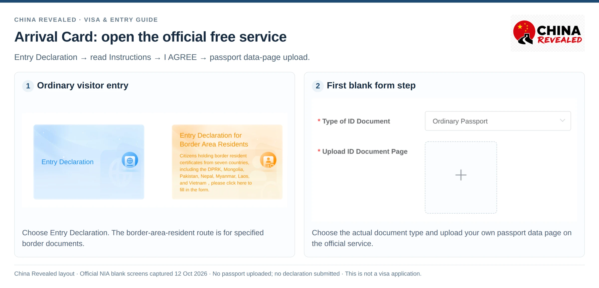 China Arrival Card online: the official NIA Entry Declaration screen and the Ordinary Passport upload step