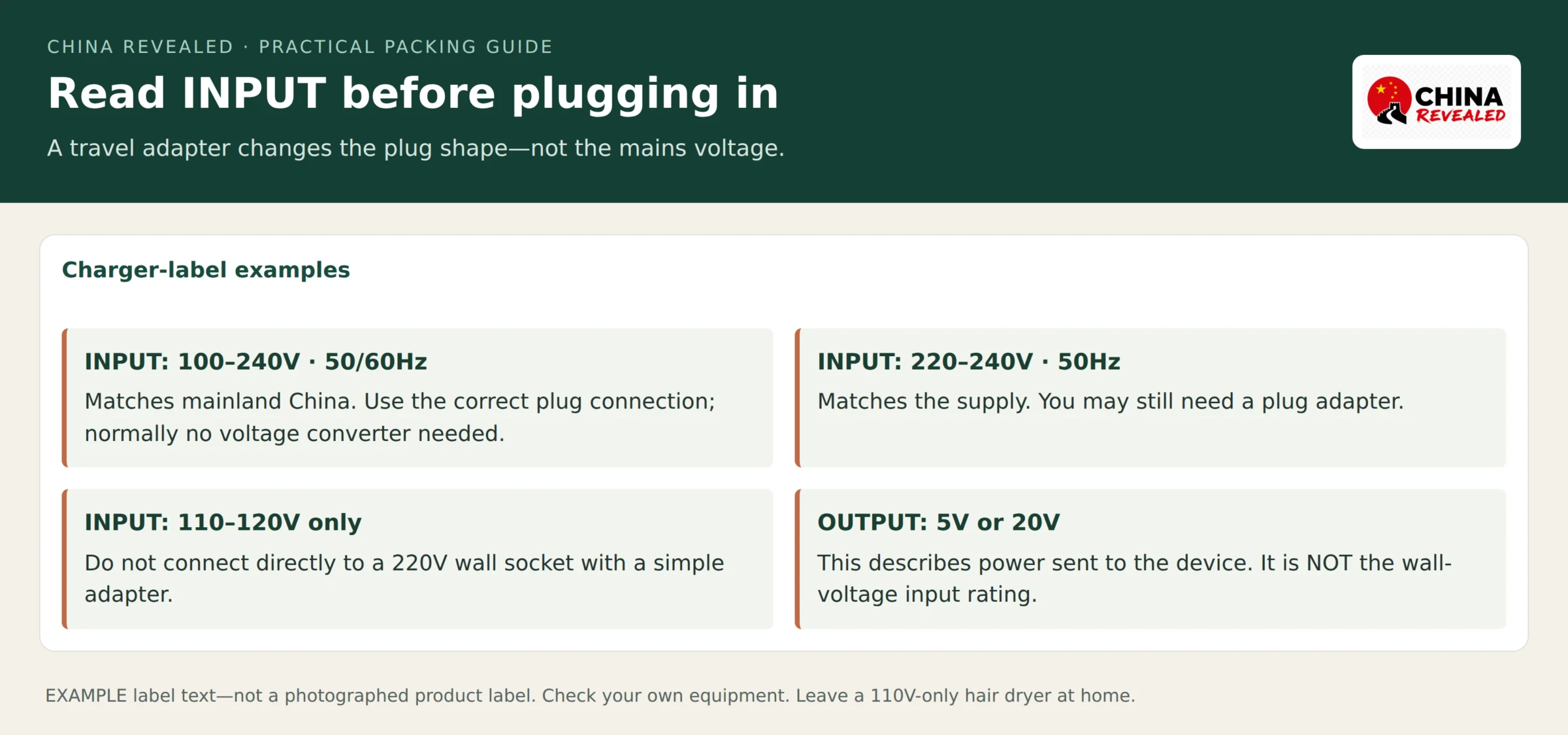 Charger-label examples comparing Input 100–240V 50/60Hz, Input 220–240V 50Hz and Input 110–120V only, with a separate reminder that USB Output does not describe wall-voltage compatibility.
