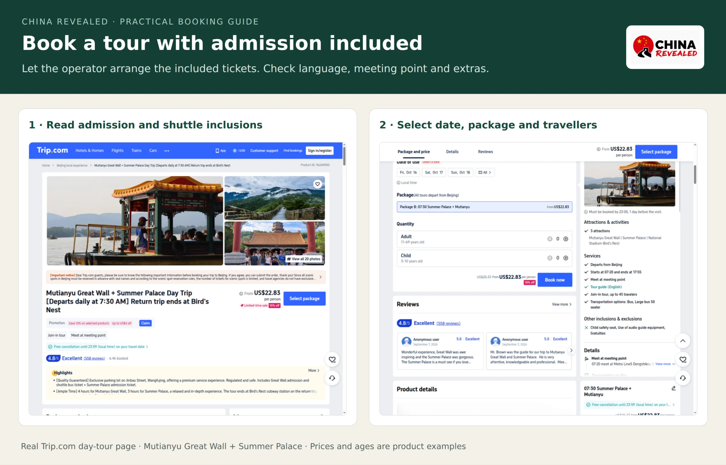 Real Trip.com day-tour screens showing admission and shuttle inclusions, date and package selection, an English guide, traveller quantities and Book now.