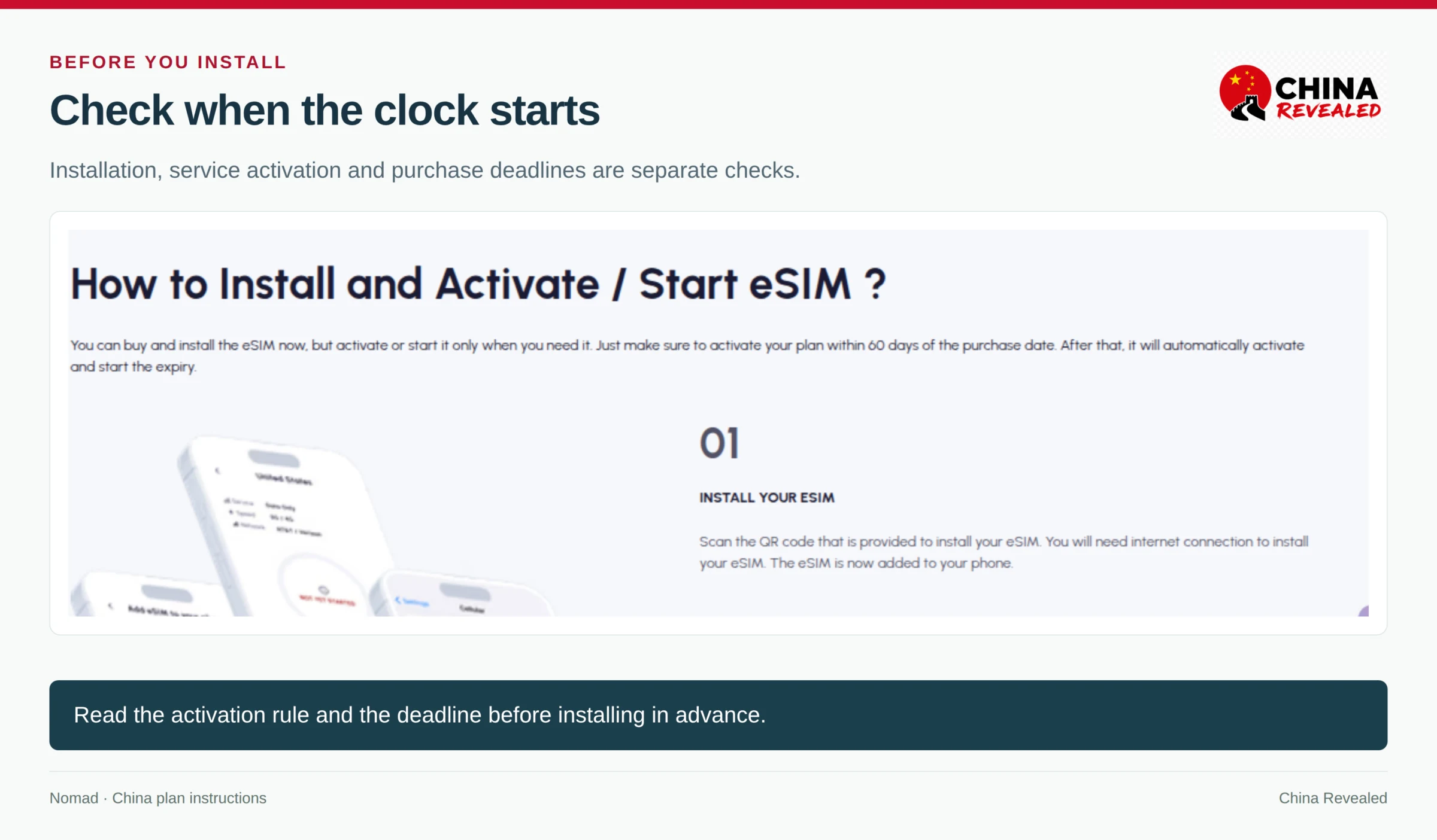 Nomad China eSIM policy allowing advance installation and giving a 60-day activation deadline