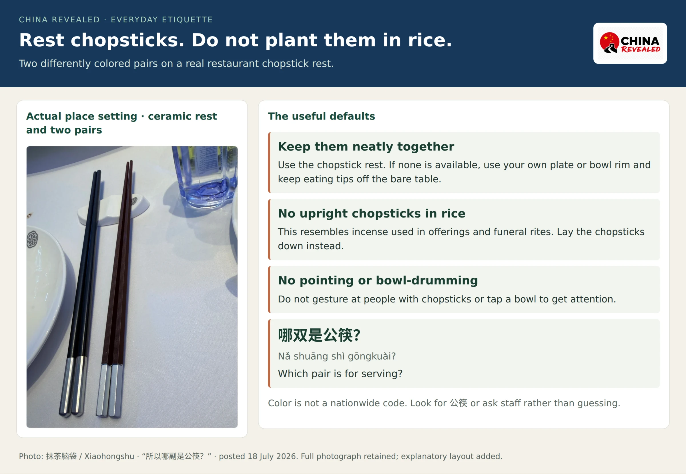 Real restaurant place setting with two differently colored pairs of chopsticks on a ceramic rest beside reminders not to stand chopsticks in rice, point at people or tap bowls.