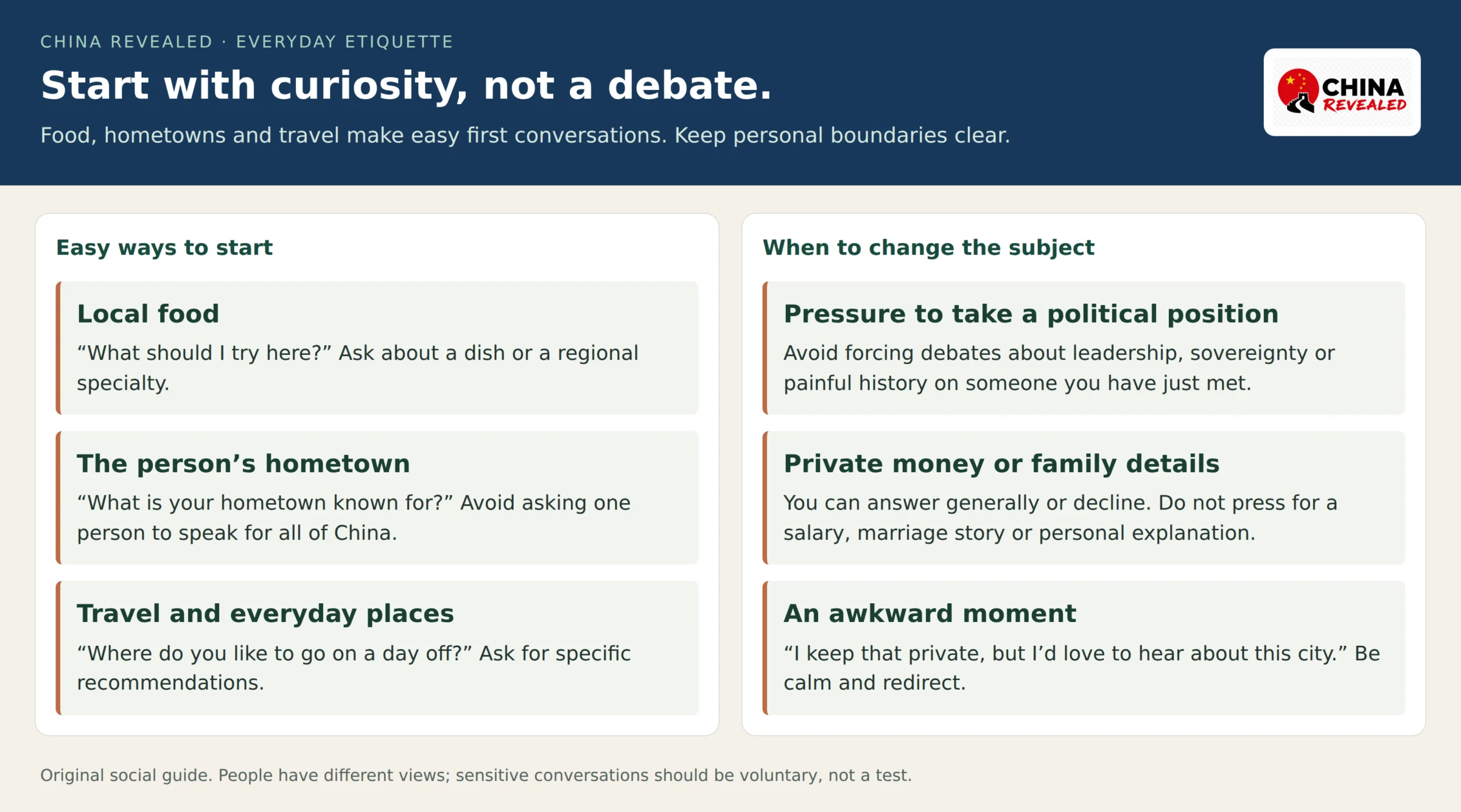 Conversation guide for China recommending food, hometowns and travel, avoiding pressured political debates and intrusive follow-up questions, and offering a polite way to change the subject.