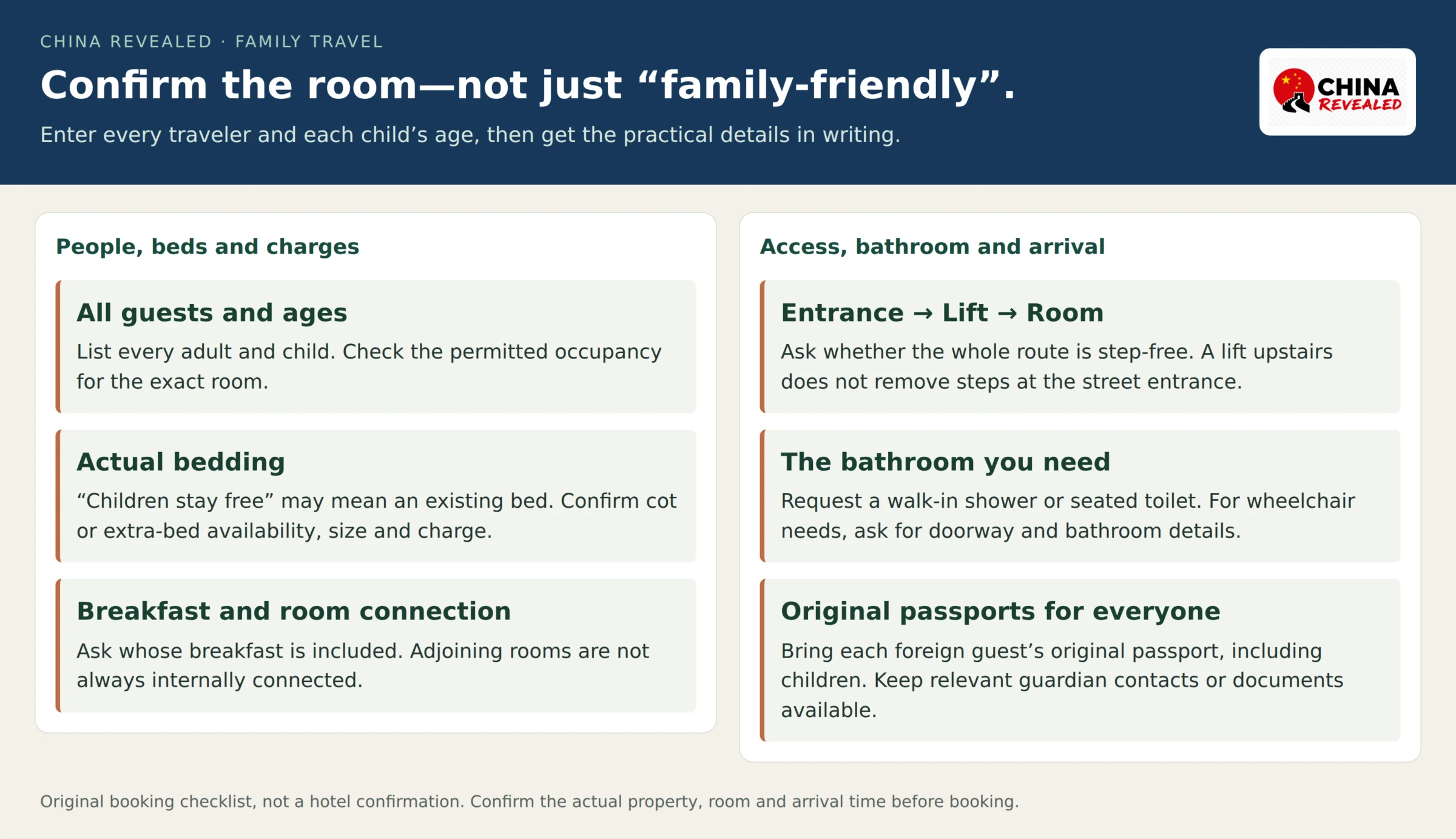 Hotel booking checklist showing the full guest count, children’s ages, actual bedding, cot charges, breakfast and a continuous step-free route to the room.