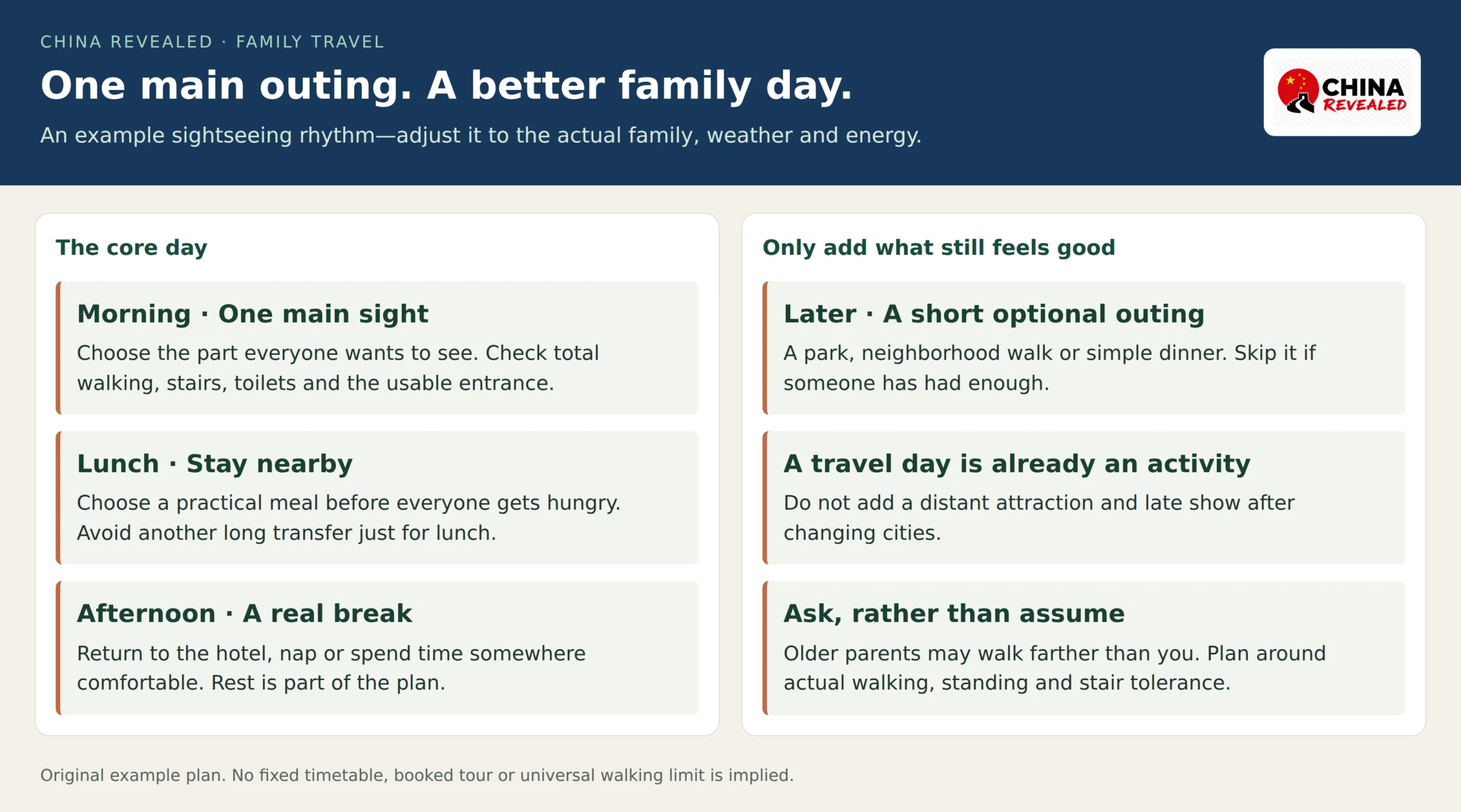 China Revealed example family sightseeing day with one morning attraction, lunch nearby, an afternoon rest and an optional short evening outing.