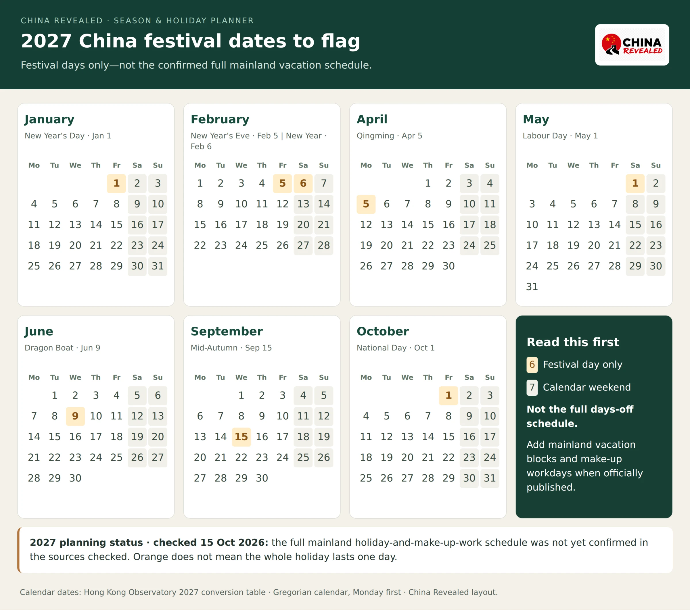2027 China festival calendar with January 1, February 5 and 6, April 5, May 1, June 9, September 15 and October 1 marked; full days-off arrangements are not shown.