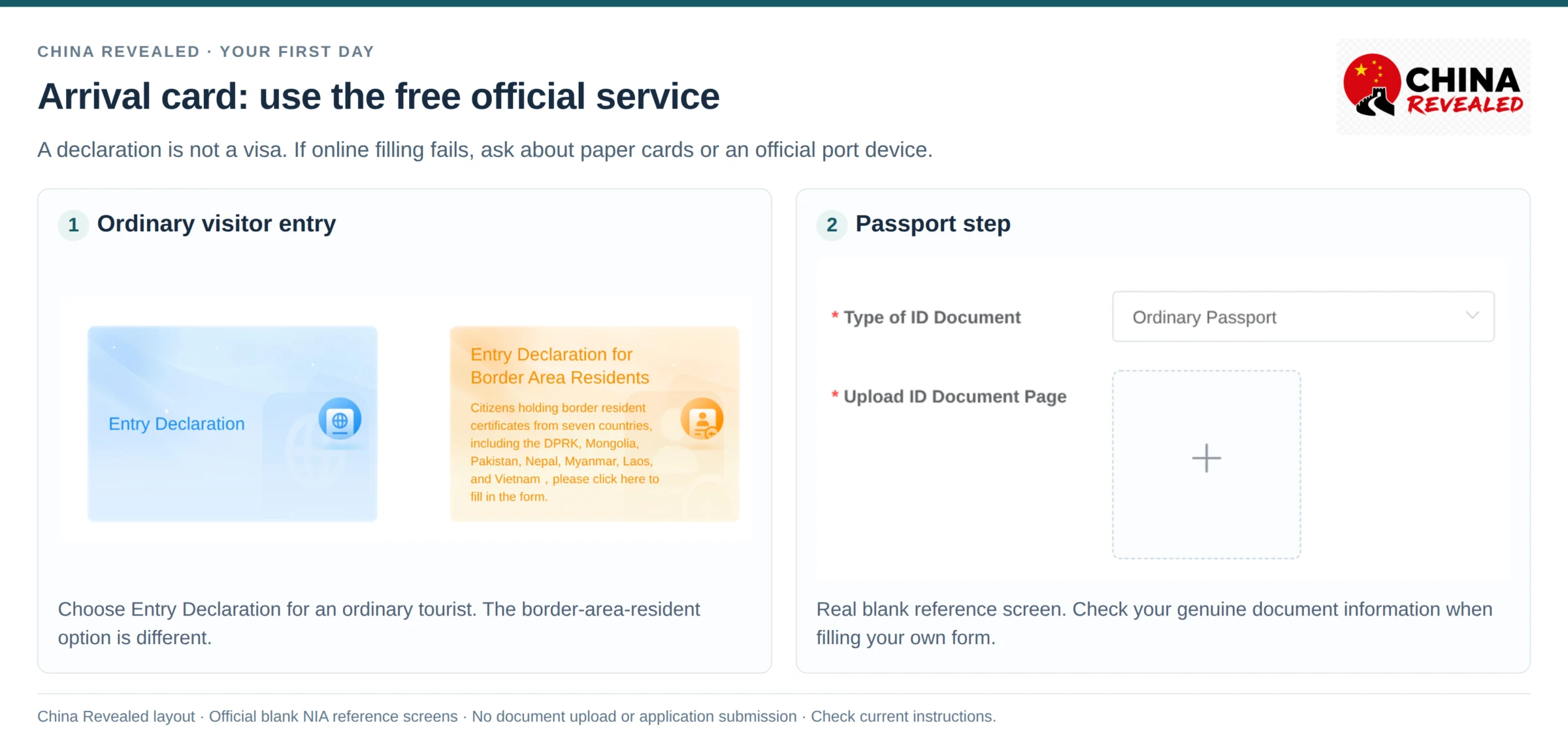China Arrival Card on arrival: official NIA Entry Declaration screen and Ordinary Passport upload step