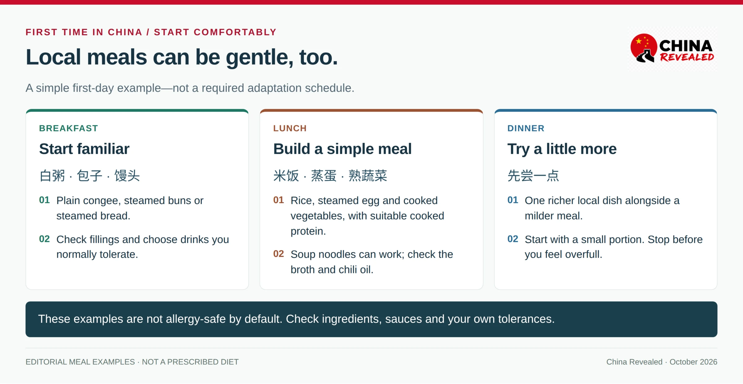 First day food in China: congee or steamed buns for breakfast, rice and cooked dishes for lunch, a small tasting dinner