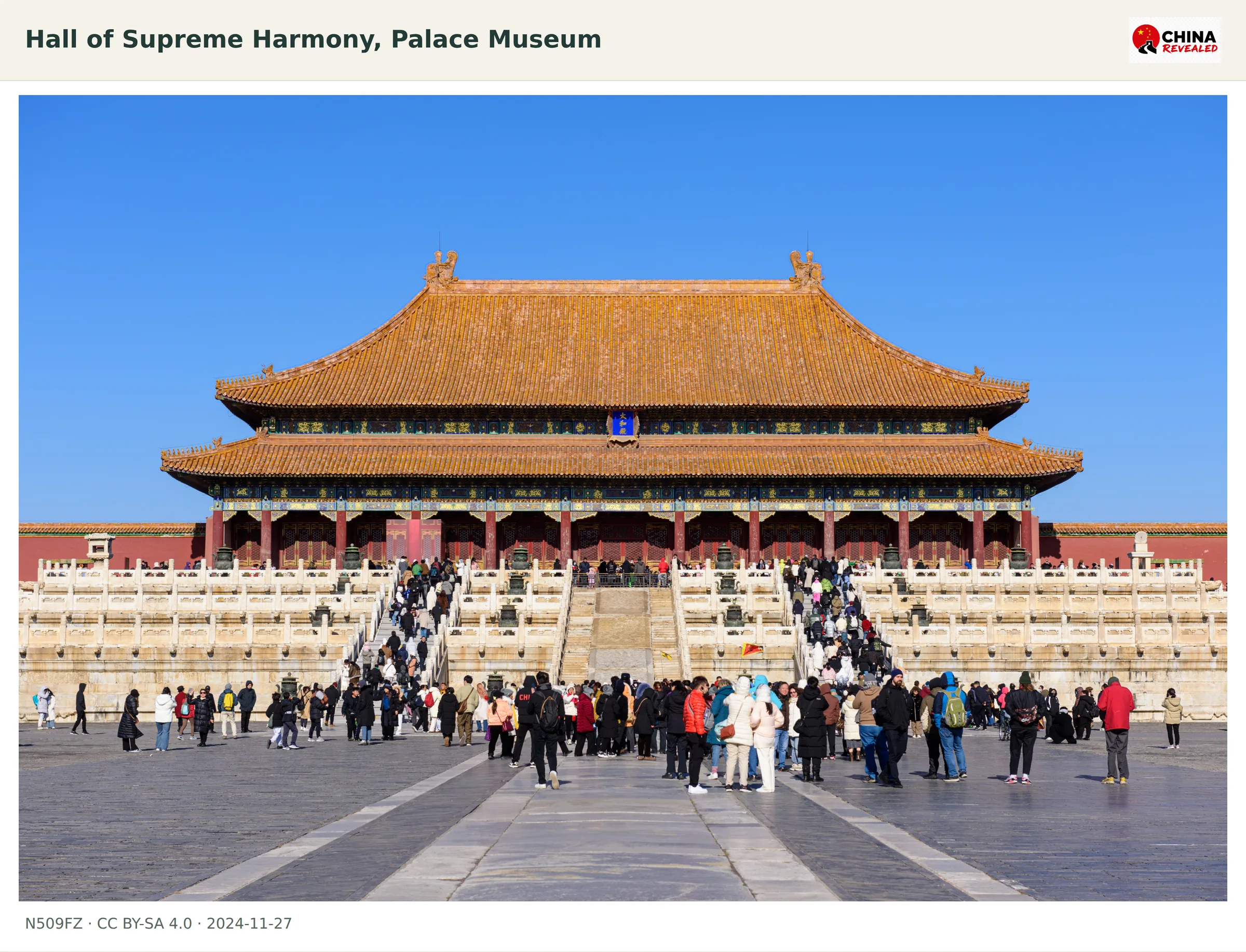 The Hall of Supreme Harmony with its yellow roof and stone terrace in Beijing's Forbidden City