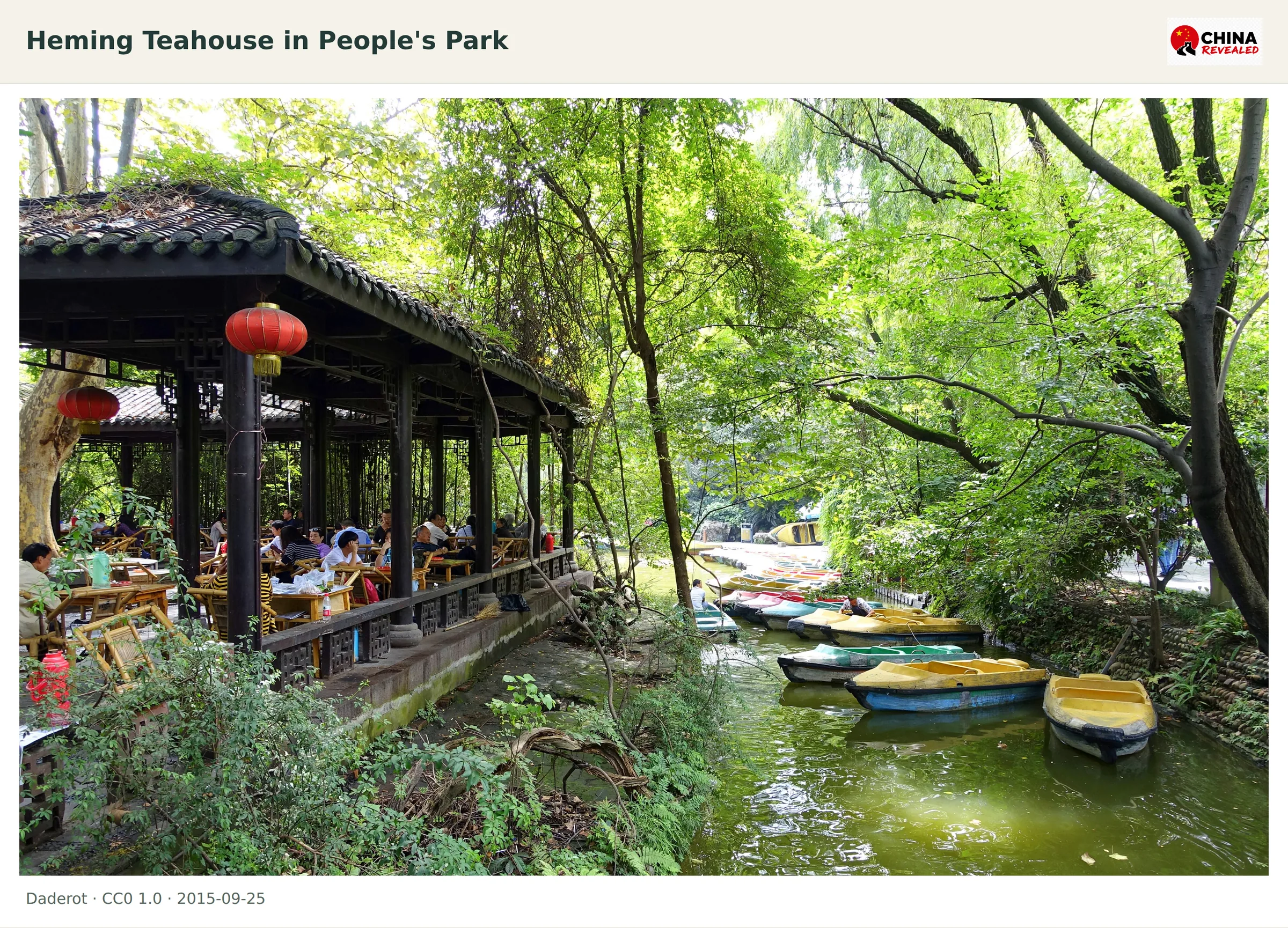 People drinking tea beneath a tiled pavilion beside a narrow waterway at Heming Teahouse in Chengdu People's Park