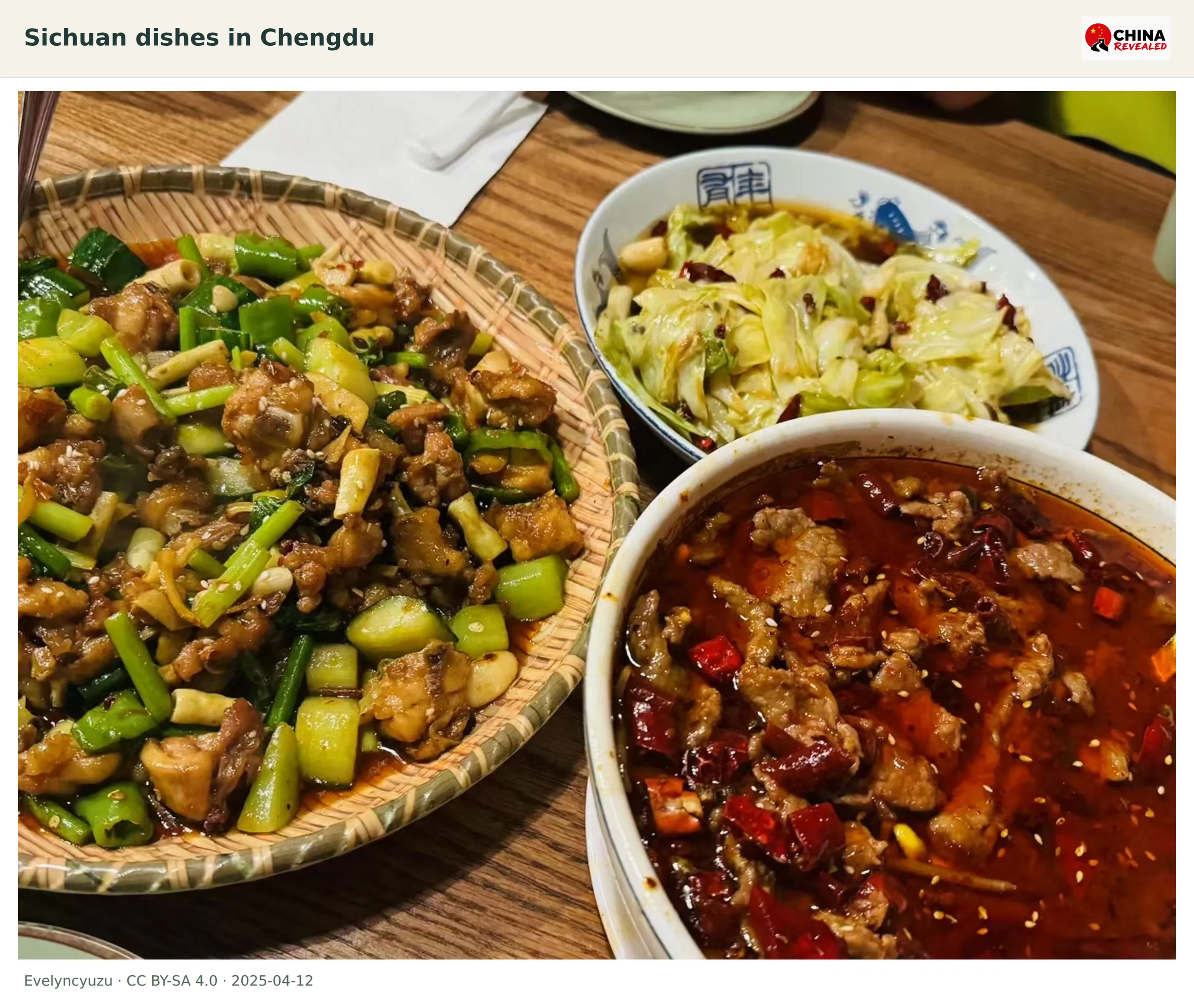 A Chengdu restaurant table with spicy Sichuan dishes including meat, vegetables, and red chilli oil