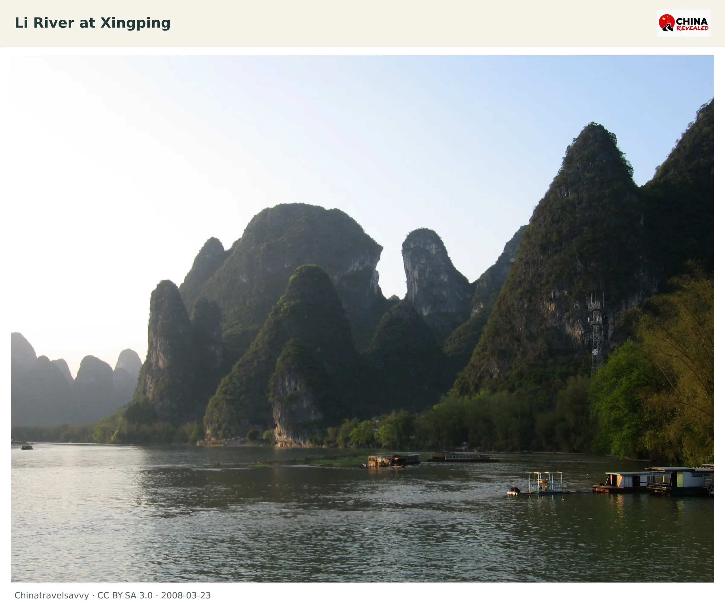 Karst mountains and small boats on the Li River at Xingping
