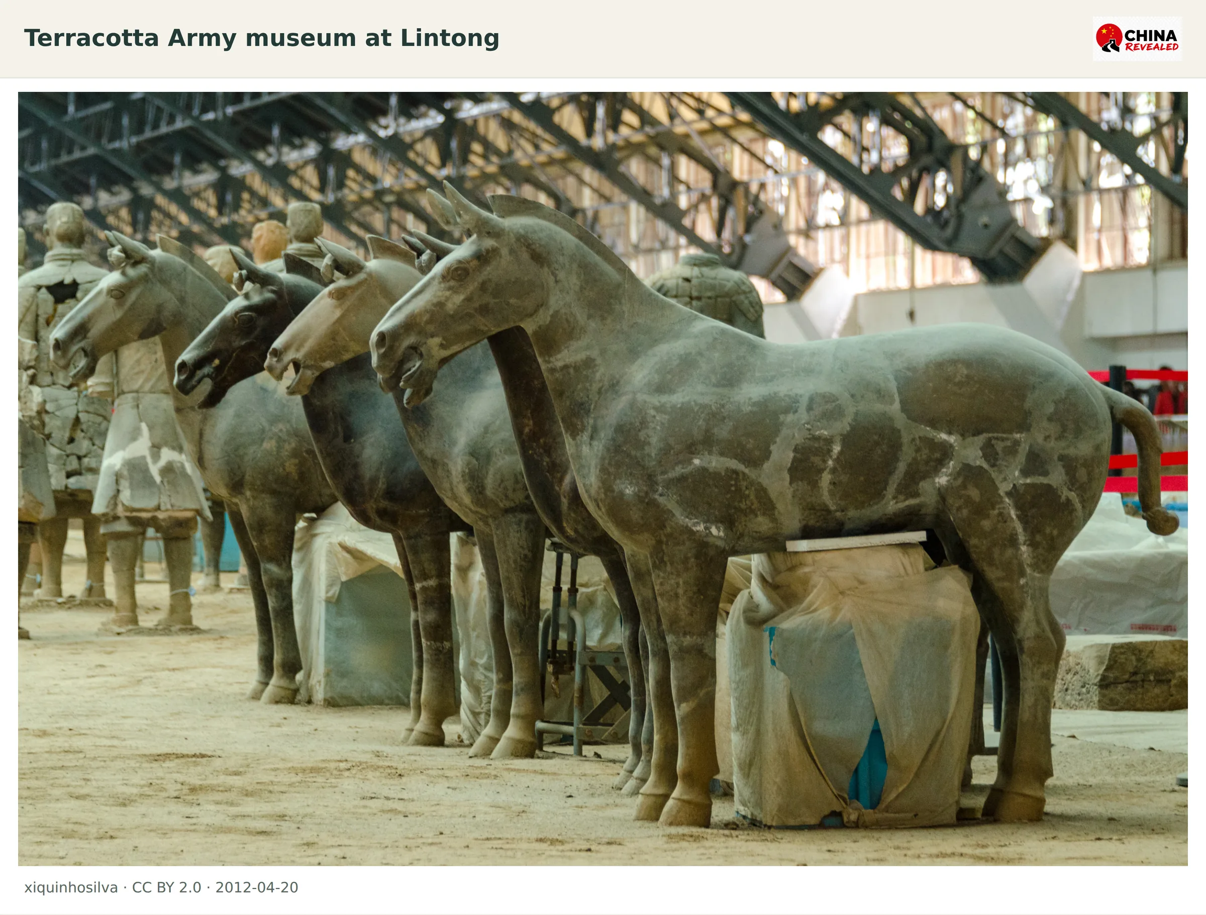 Terracotta warriors and horses in the excavation hall near Xi’an