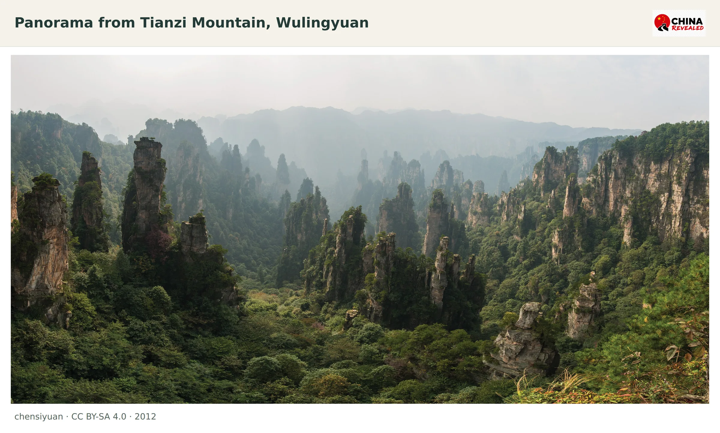 Wide panorama of quartz-sandstone pillars and forested ridges in Wulingyuan viewed from Tianzi Mountain