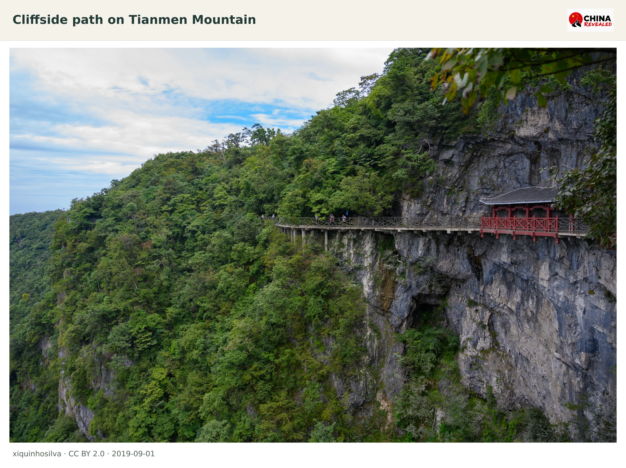 Wooden cliffside path and pavilion on a forested limestone cliff at Tianmen Mountain in Zhangjiajie