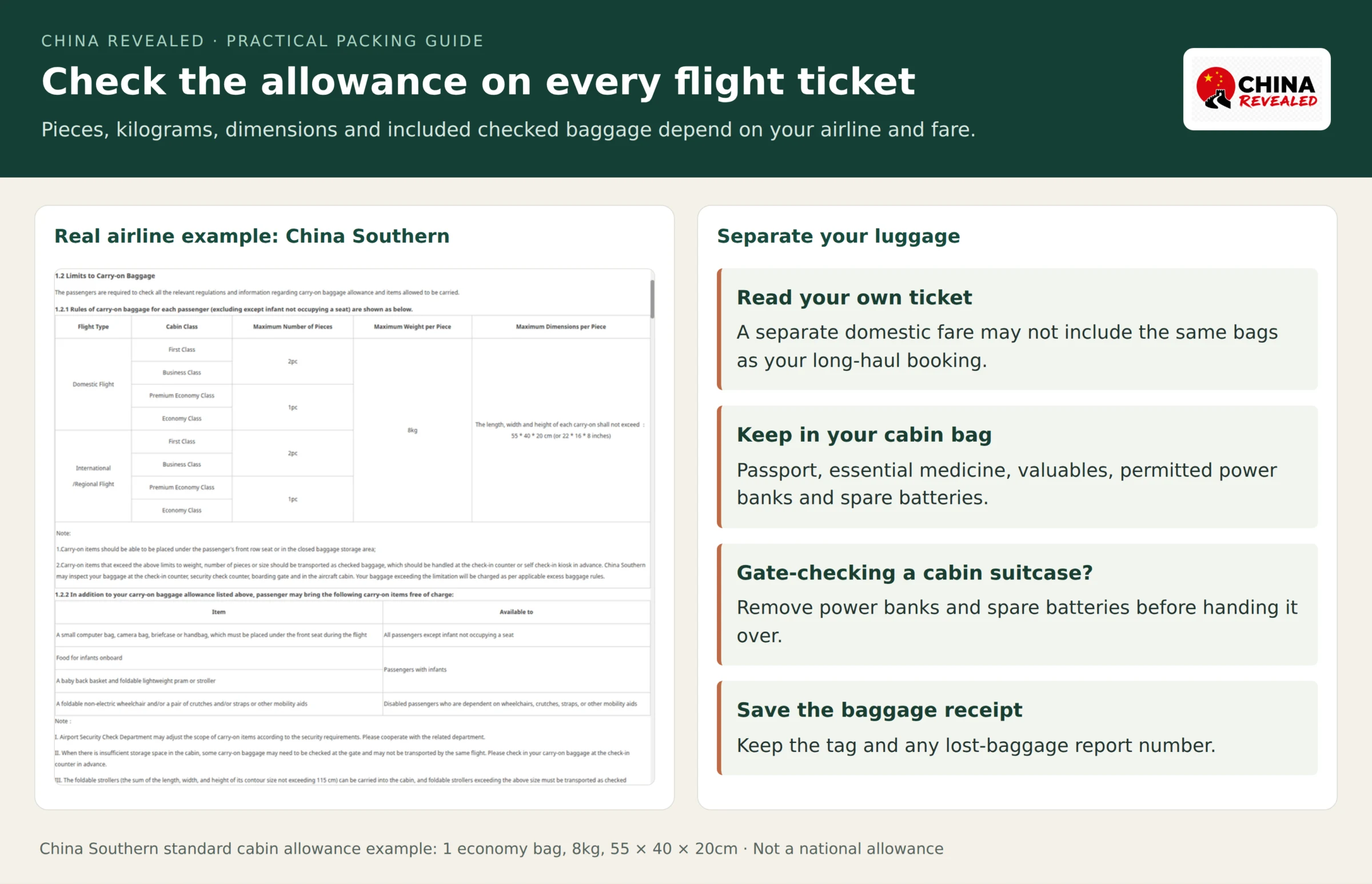 China Southern’s official English carry-on baggage table showing an 8kg limit and 55 by 40 by 20 centimetre dimensions, beside an English checklist for checking each ticket and keeping documents, medicine, valuables and power banks in the cabin.