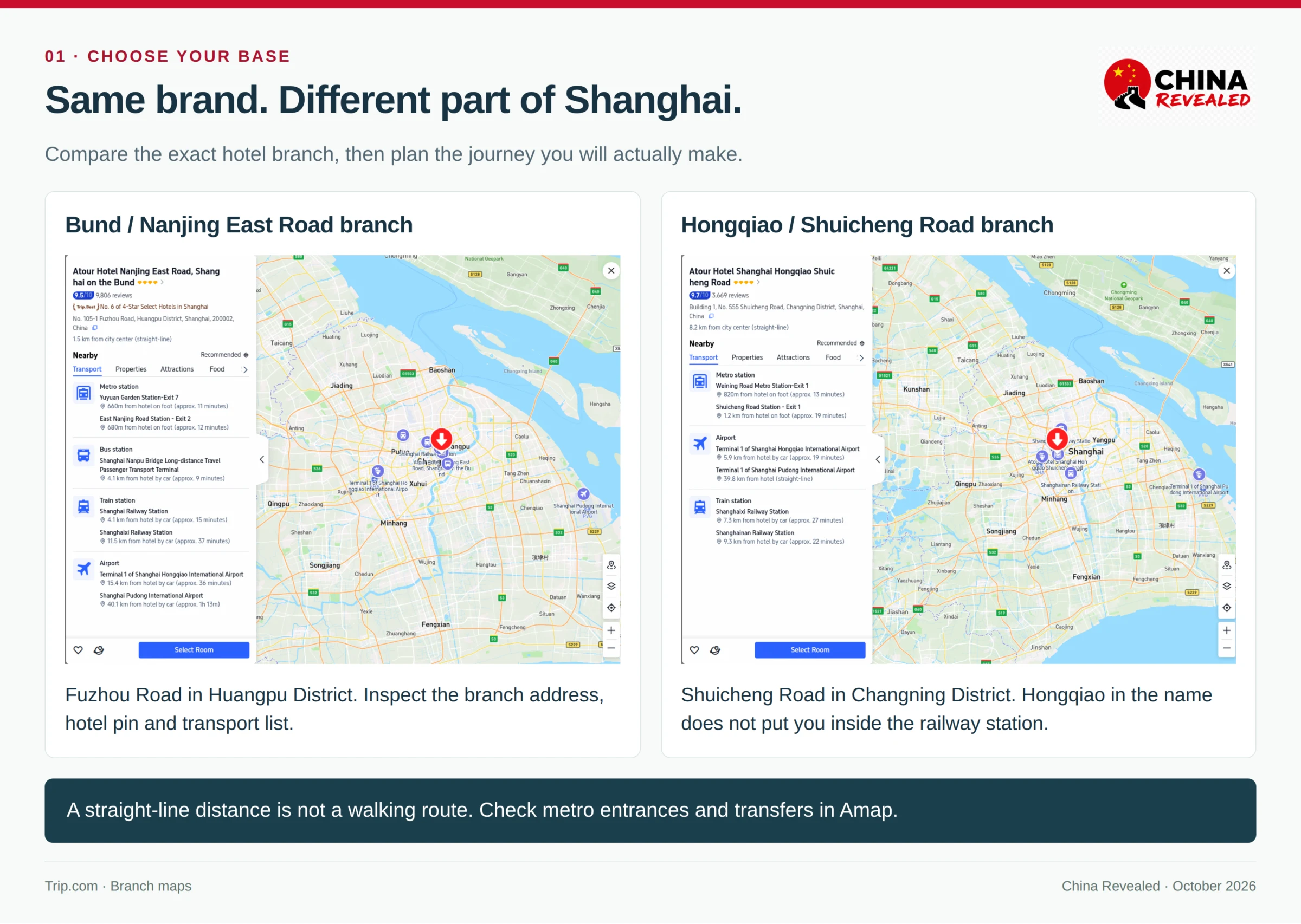 Trip.com maps comparing Shanghai's Atour Nanjing East Road and Hongqiao Shuicheng Road branches, with distinct hotel locations and nearby transport information.