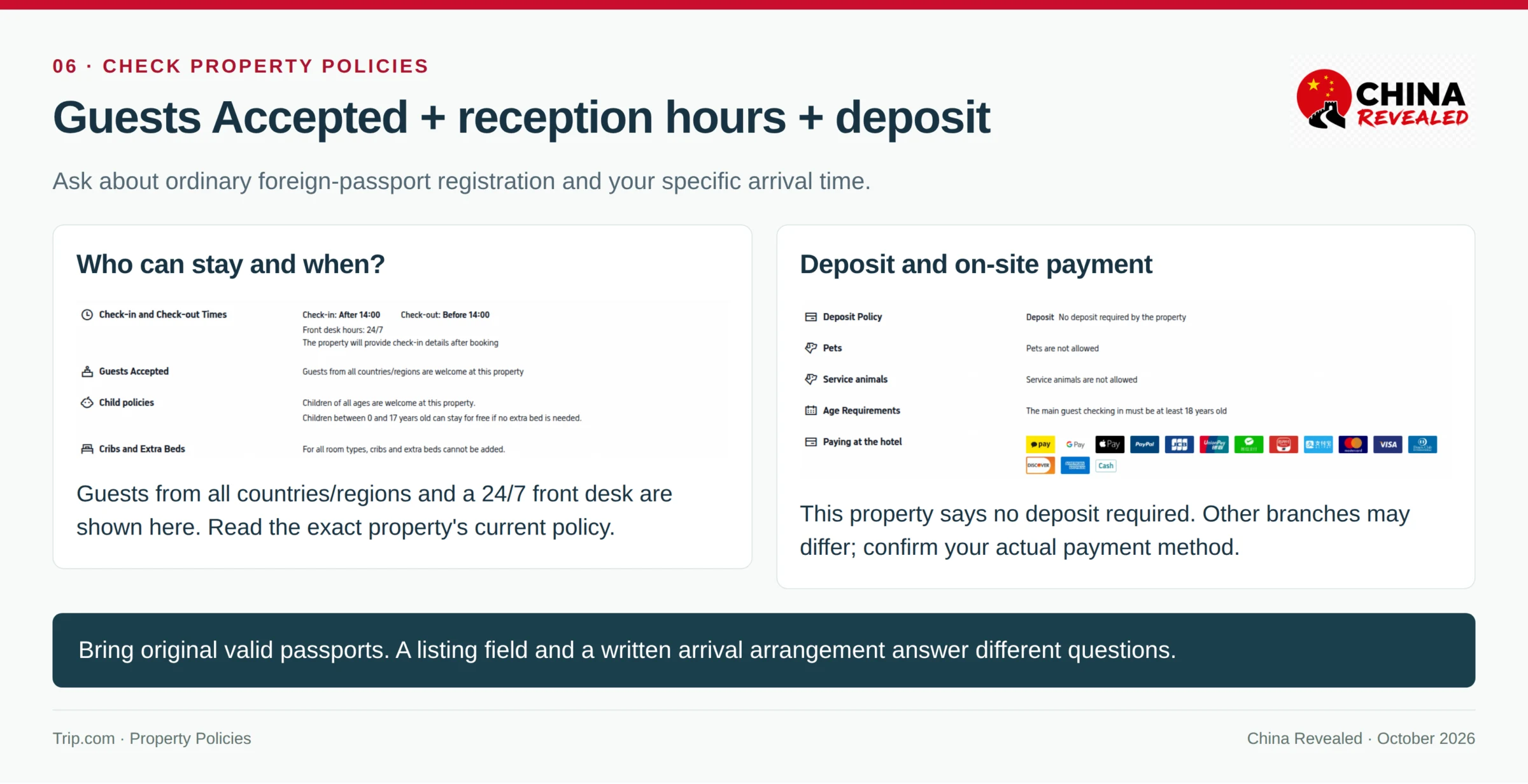 Trip.com Property Policies showing acceptance of guests from all countries and regions, reception hours, check-in times, deposit policy and on-site payment options.