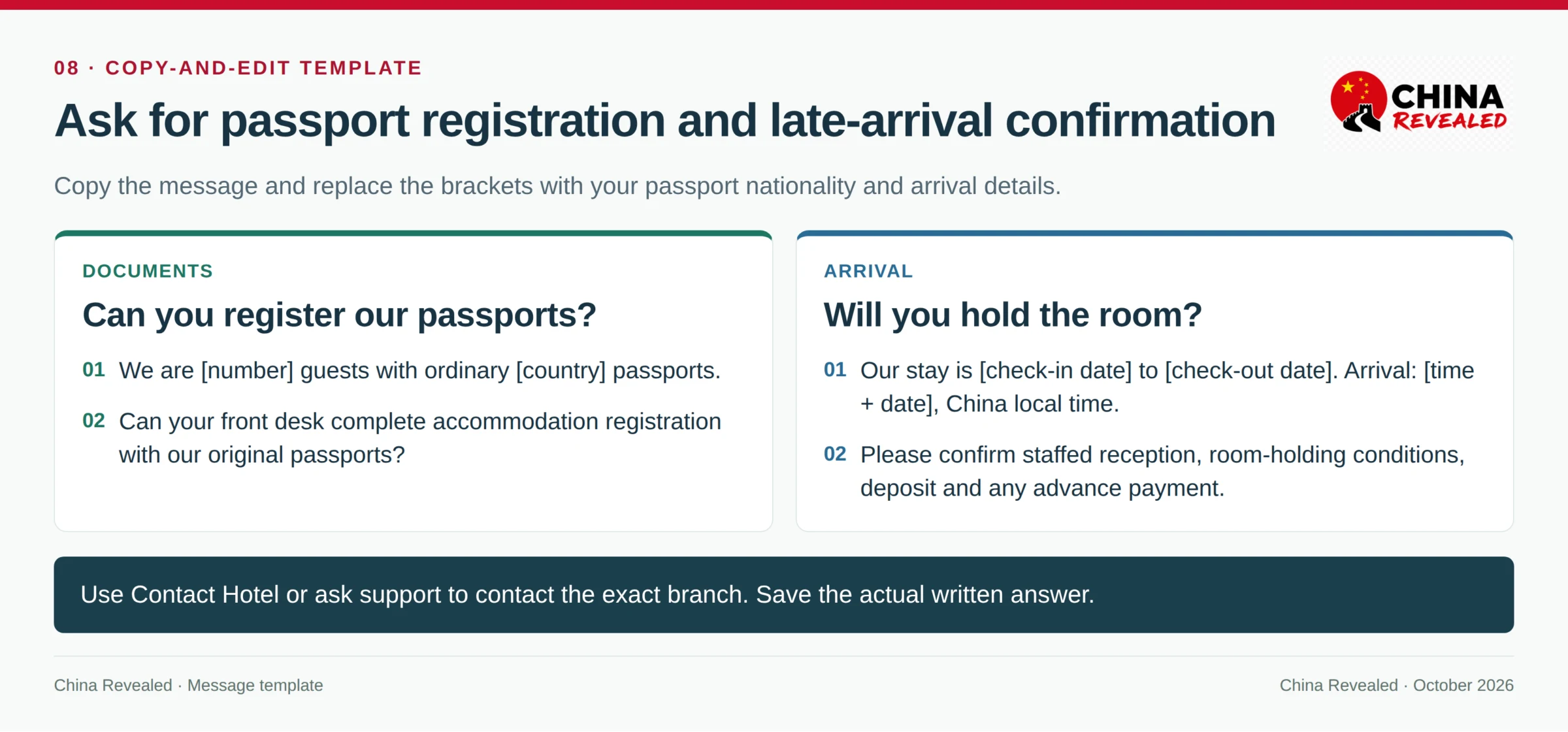 China Revealed editable English hotel-message template asking about foreign-passport registration, dated late arrival, reception hours and room-holding conditions.