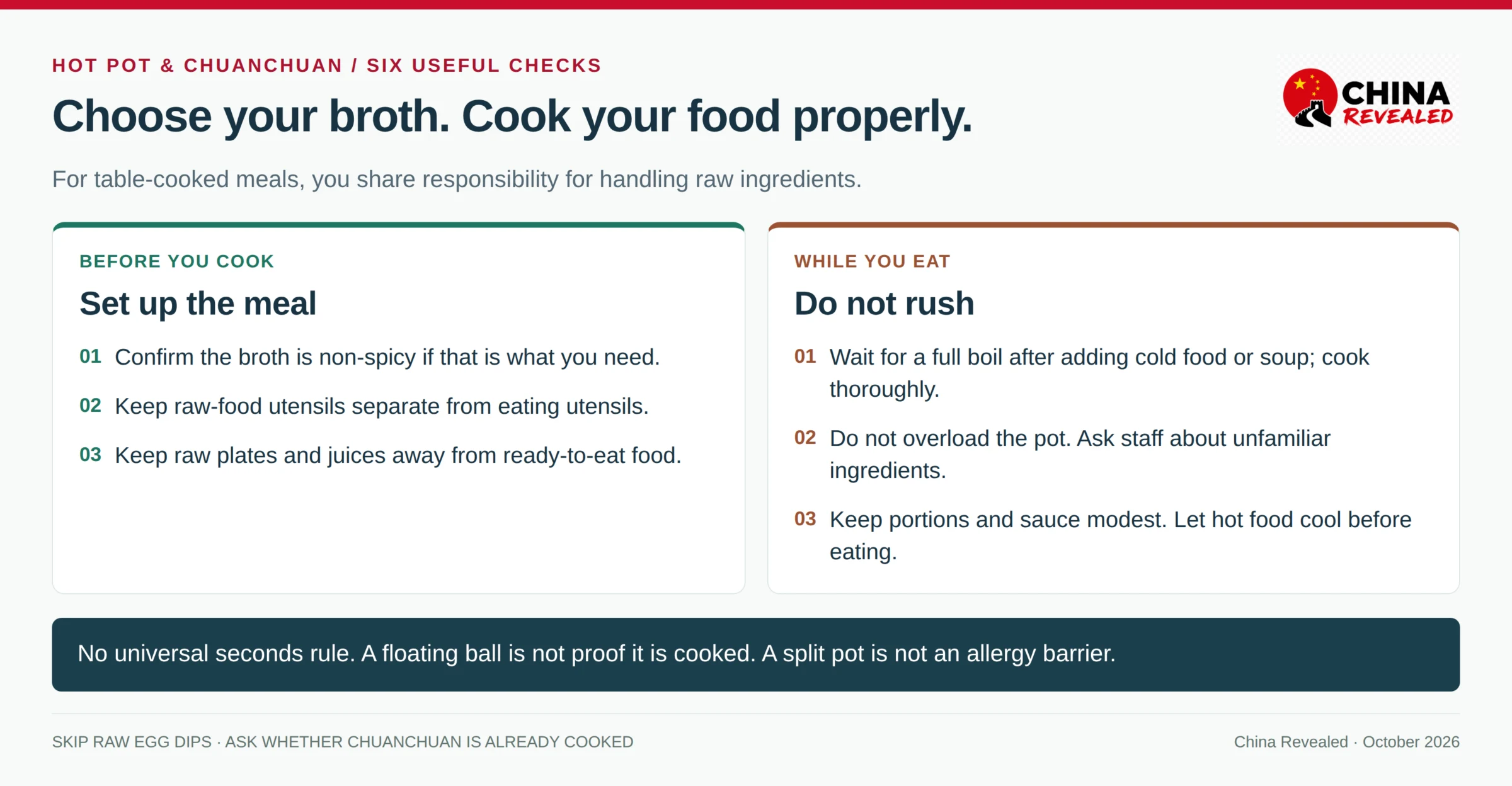 Hot pot safety checklist for China: non-spicy broth, separate raw utensils, full boil, thorough cooking, modest sauce