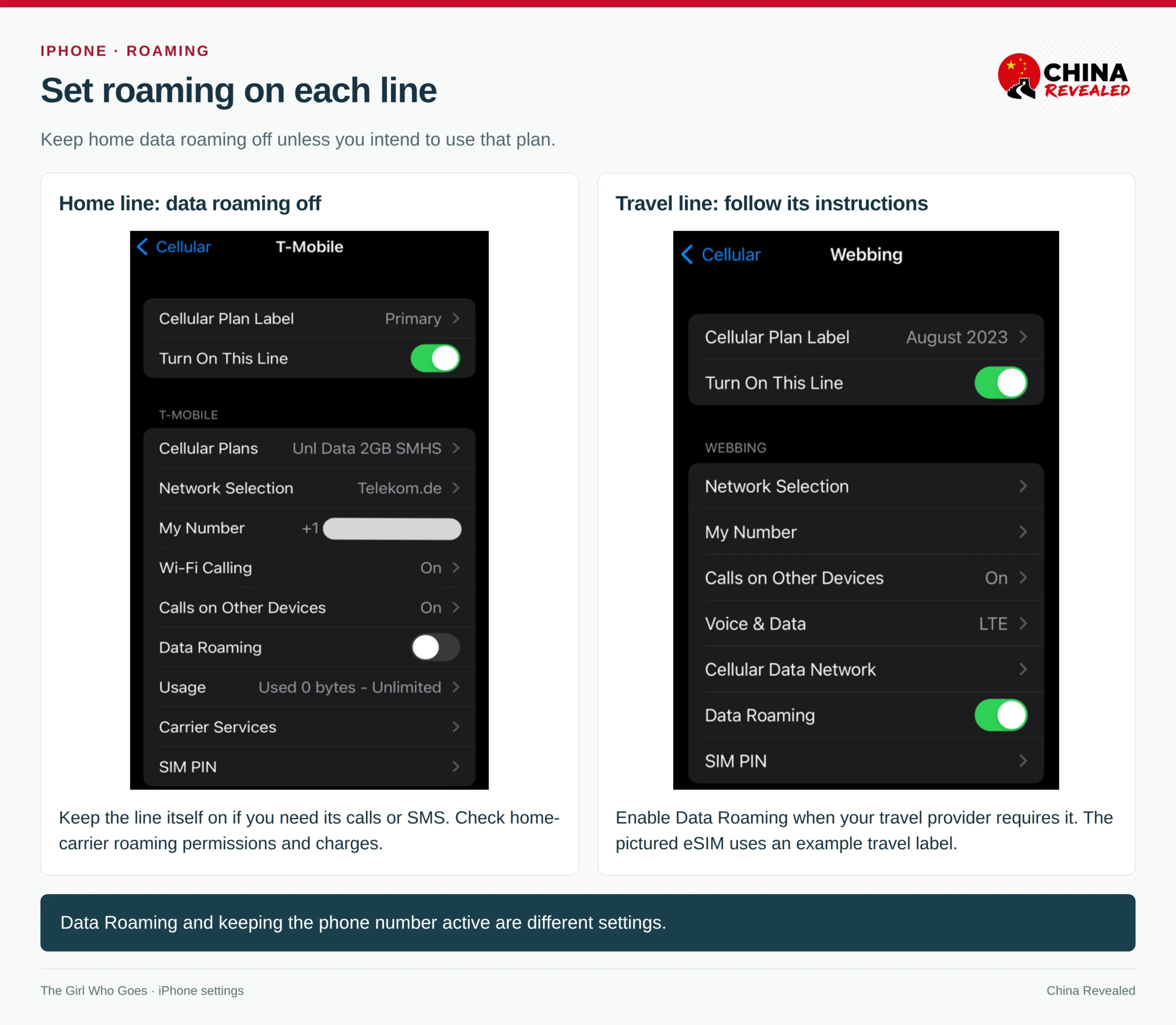 iPhone home-line Data Roaming off and travel-eSIM Data Roaming on in published phone settings