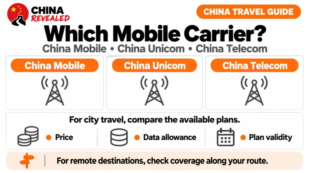 Comparison of China Mobile, China Unicom and China Telecom by price, data allowance, plan validity and network coverage.