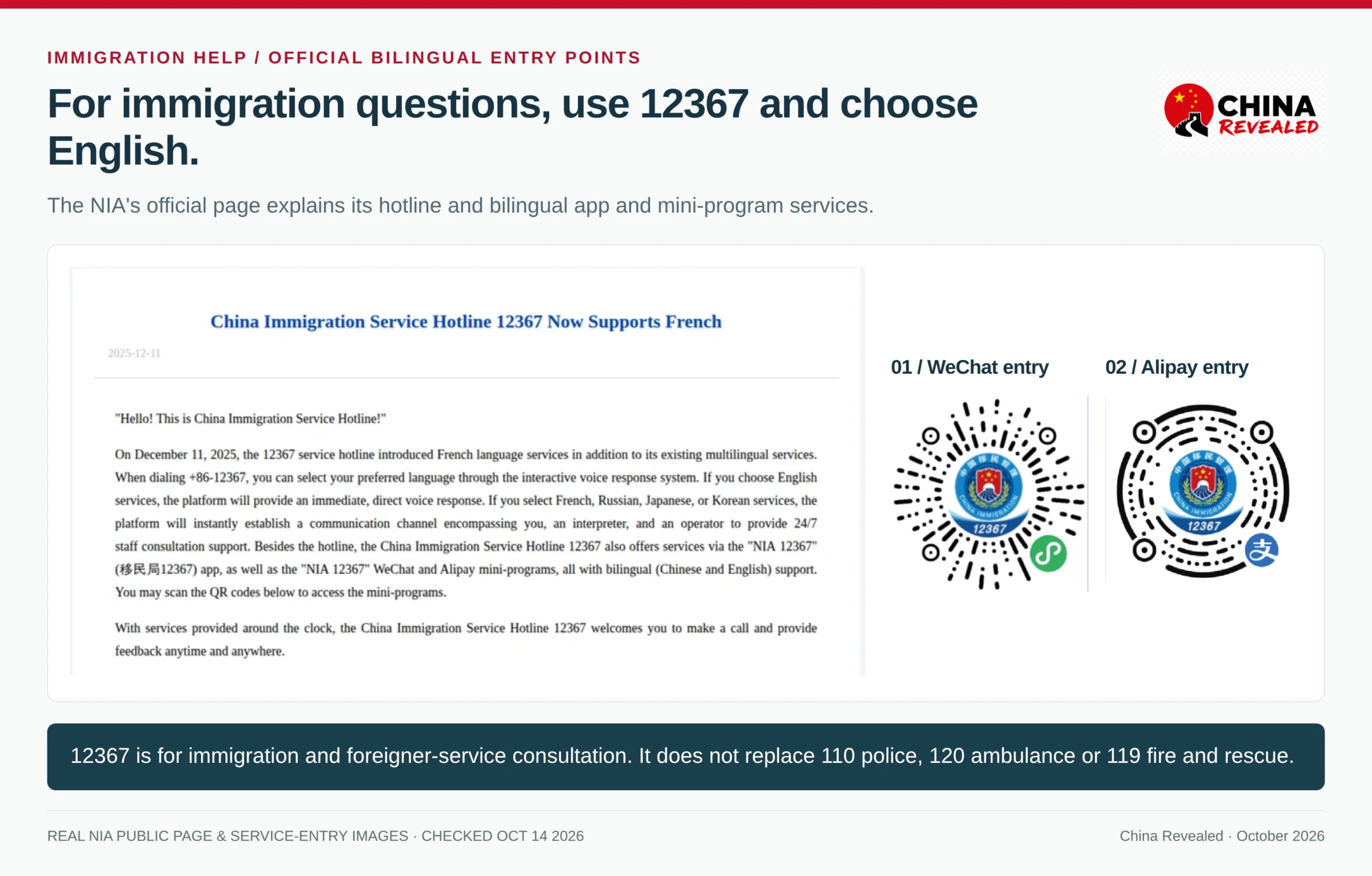 The real National Immigration Administration English 12367 service page and official WeChat and Alipay mini-program entry images, with guidance to choose English for immigration questions rather than emergencies.
