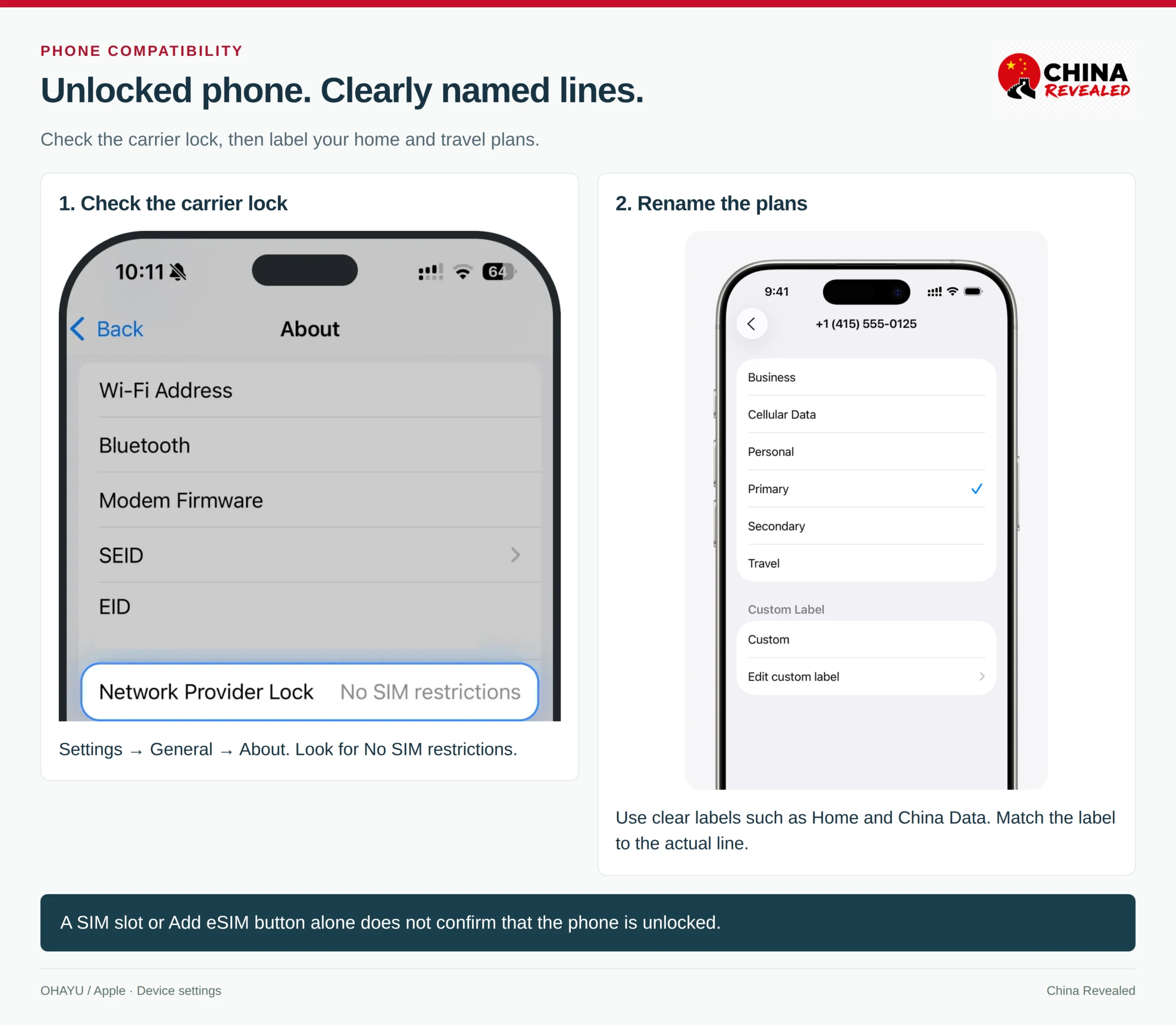 iPhone Network Provider Lock showing No SIM restrictions beside Apple's cellular plan label menu