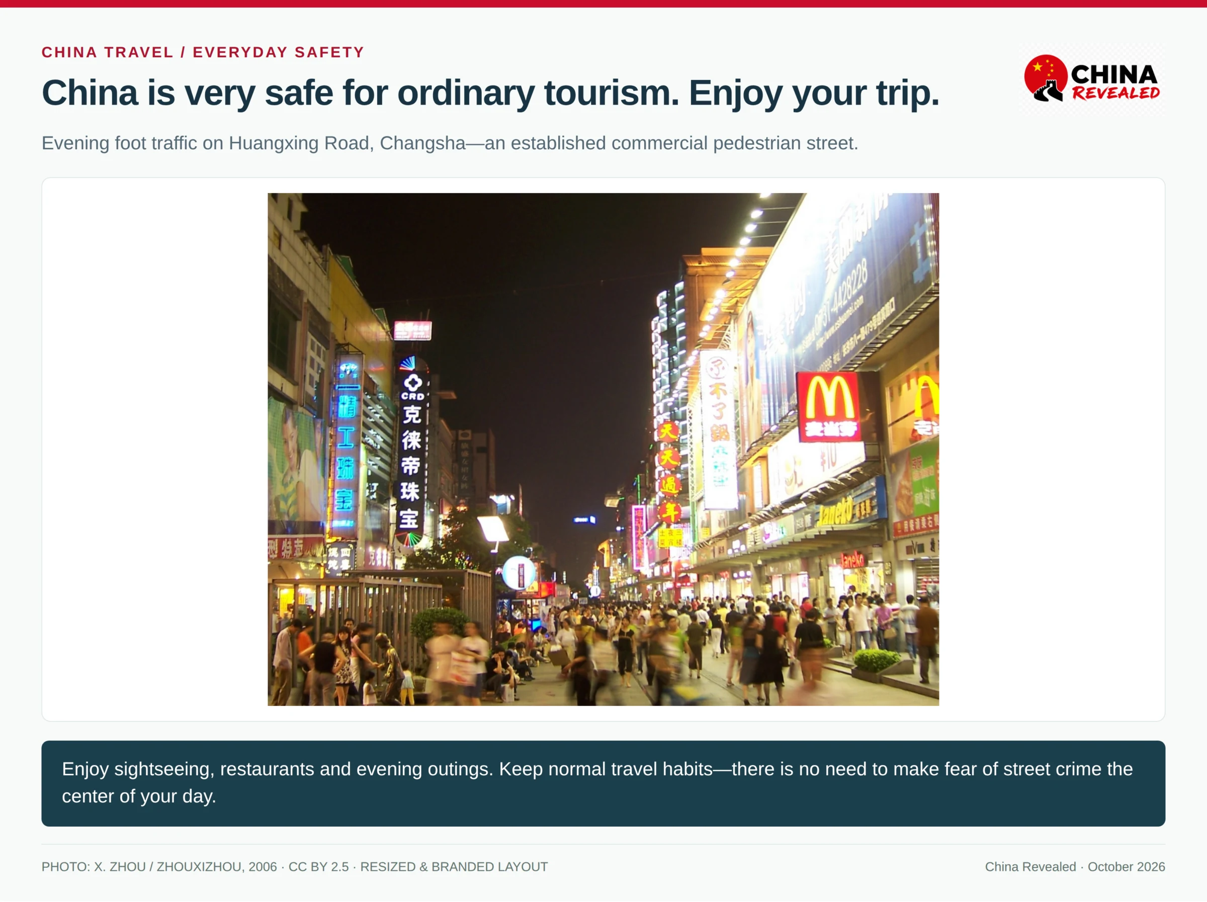 An evening photograph of pedestrians and illuminated shops on Huangxing Road in Changsha, presented with China Revealed branding and a message to enjoy China travel with confidence.