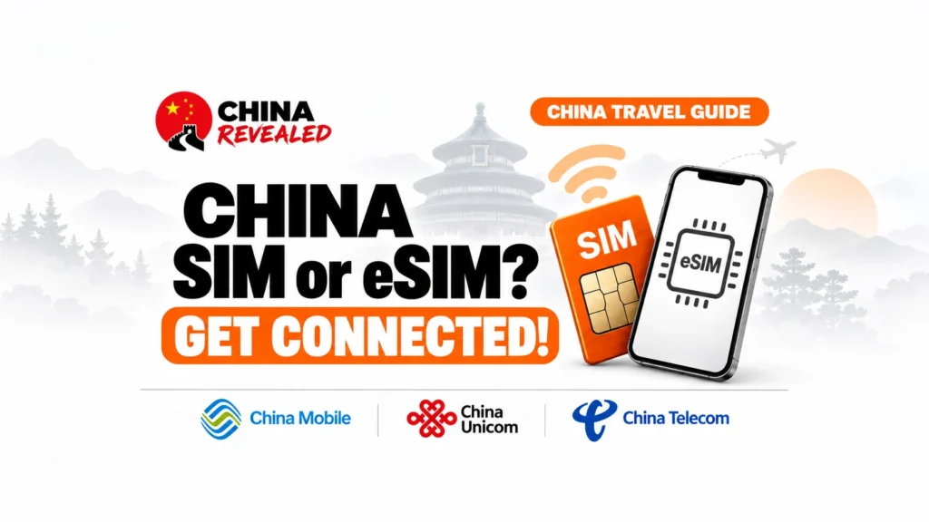 China SIM vs travel eSIM comparison showing a SIM card, an eSIM smartphone and China’s three main mobile carriers.