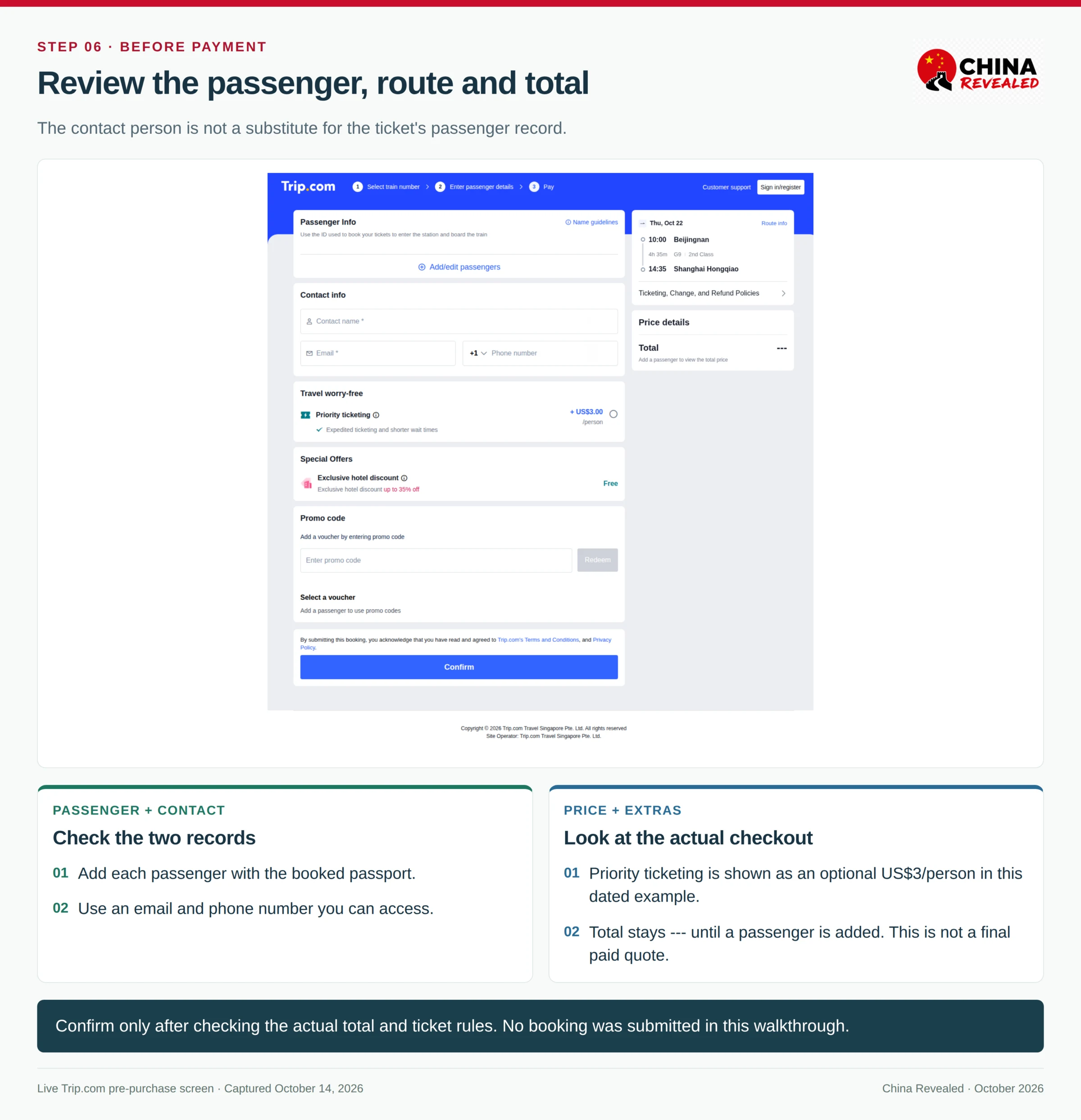 Actual Trip.com booking page showing passenger and contact information, the optional priority-ticketing charge, the route summary and a total that remains blank until a passenger is added.