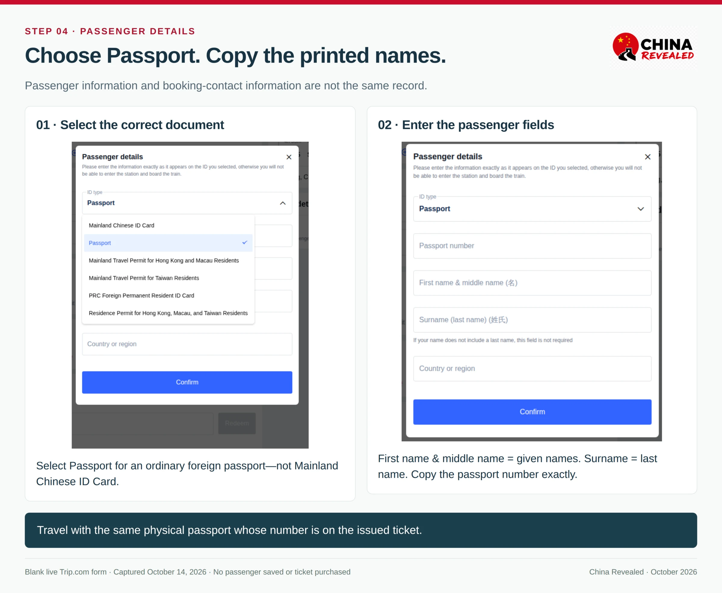 Real blank Trip.com passenger form with the ID type list open and Passport selected, followed by Passport number, First name and middle name, Surname and Country or region fields.