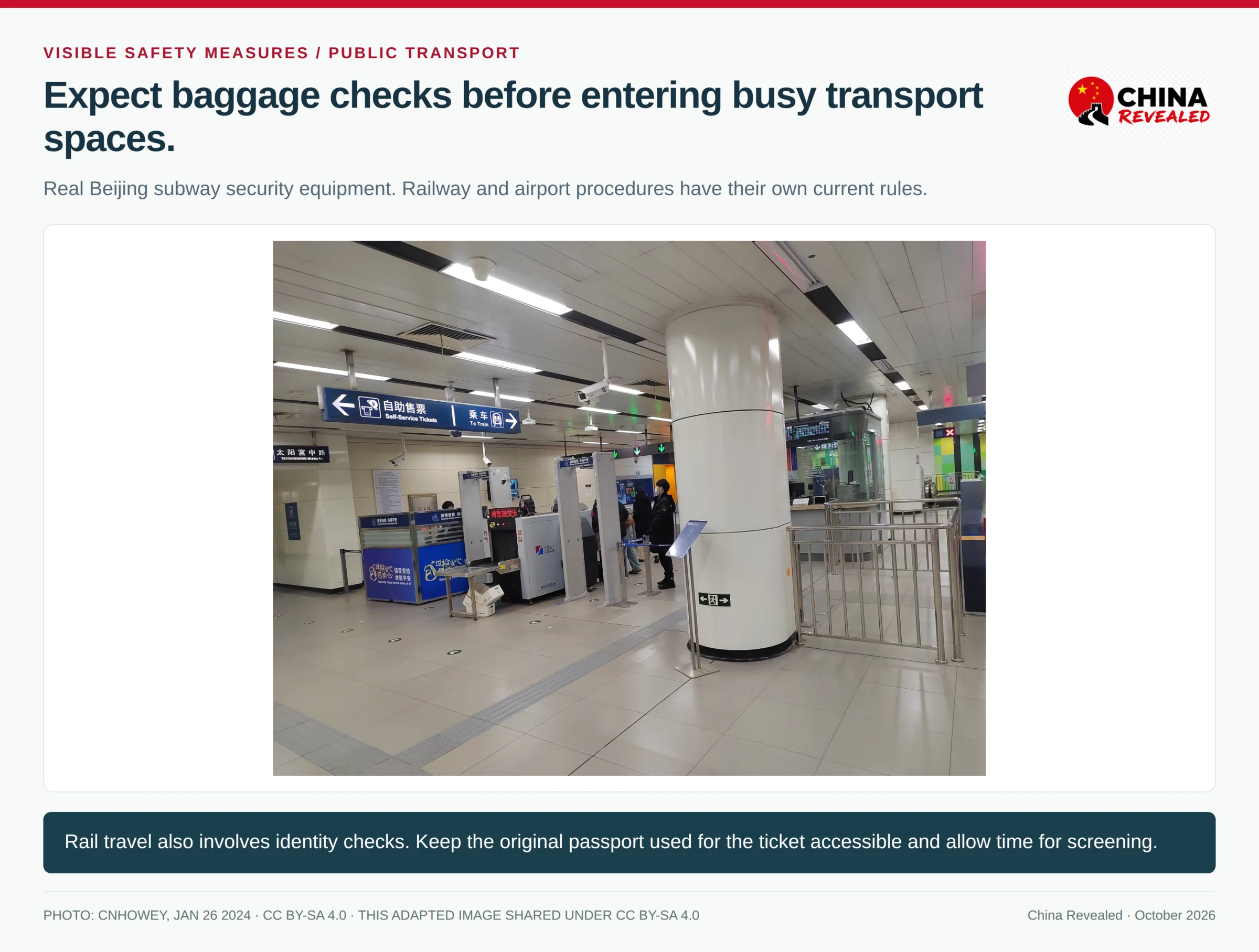 A real photograph of a Beijing subway security checkpoint, showing baggage screening equipment and passenger access lanes, with a China Revealed heading explaining transport checks.