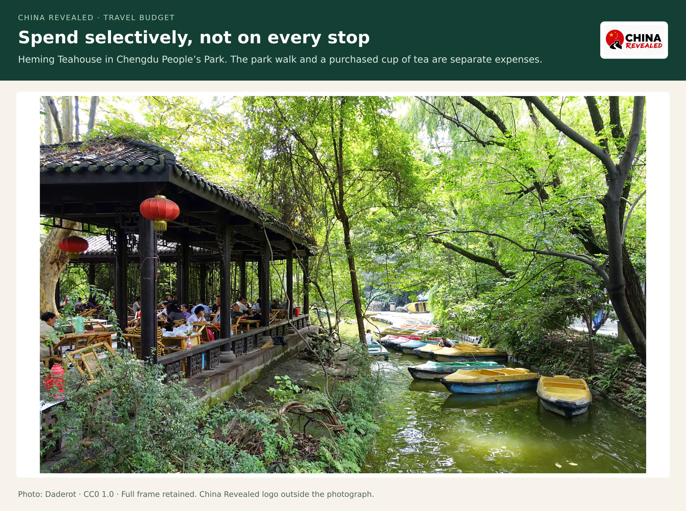 People drinking tea beneath a tiled pavilion beside a narrow waterway at Heming Teahouse in Chengdu People's Park
