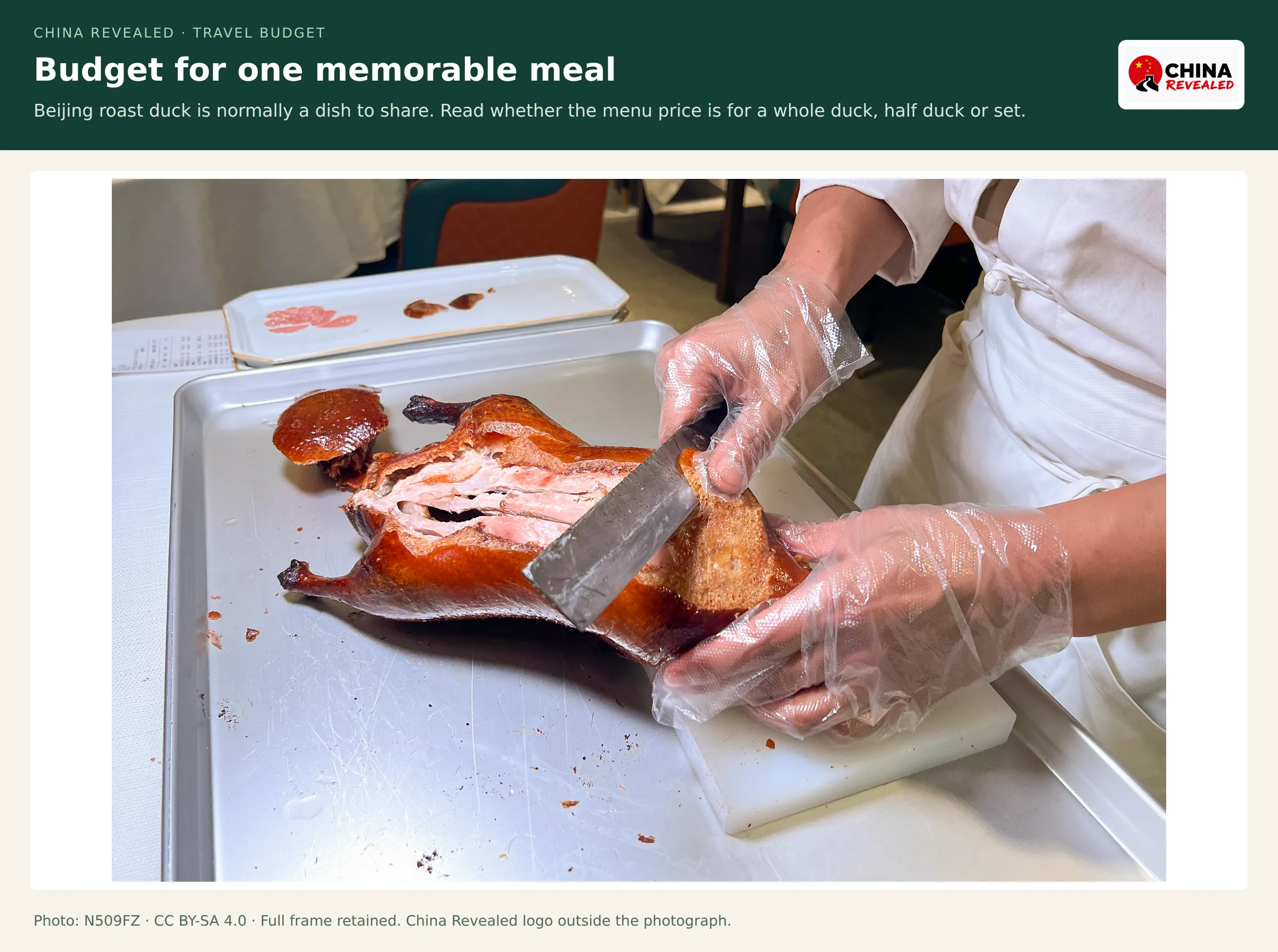 A chef carving lacquered Beijing roast duck at a table in Dongzhimen