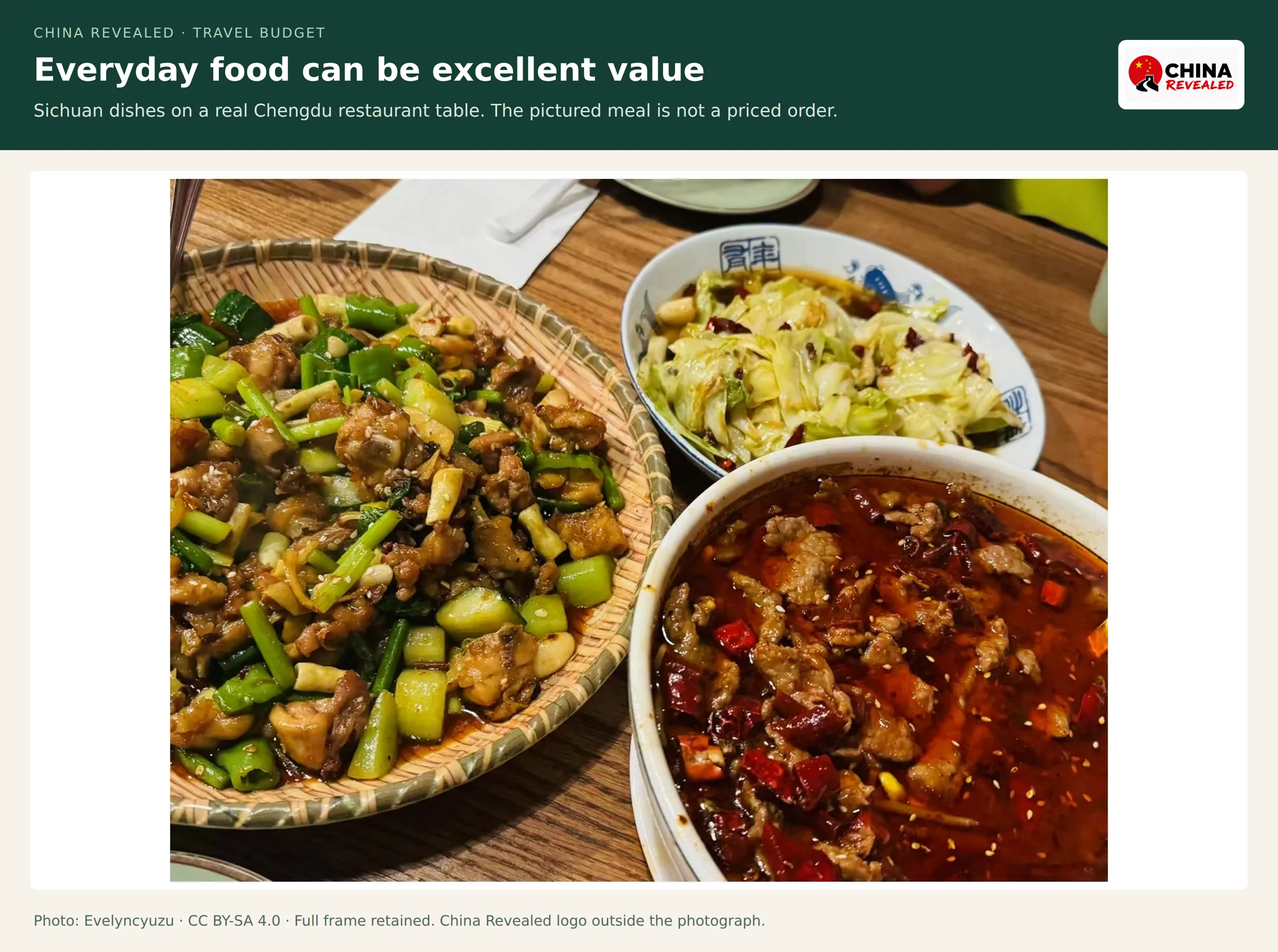 A Chengdu restaurant table with spicy Sichuan dishes including meat, vegetables, and red chilli oil