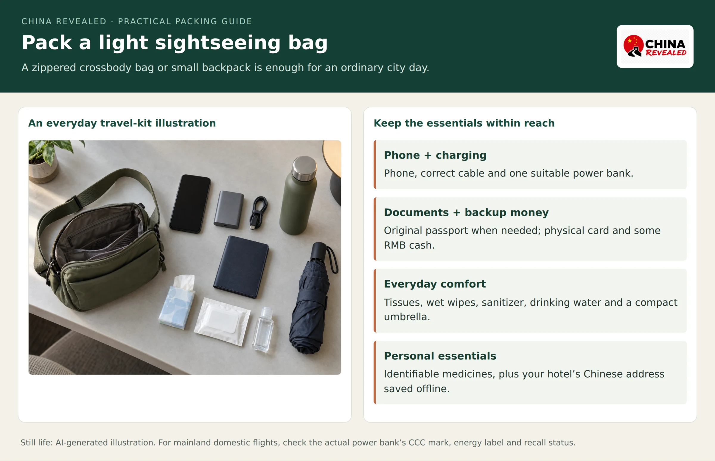 Illustrative flat lay of a compact day bag, phone, power bank, cable, document wallet, tissues, wet wipes, sanitizer, water bottle and umbrella beside a China sightseeing packing checklist.