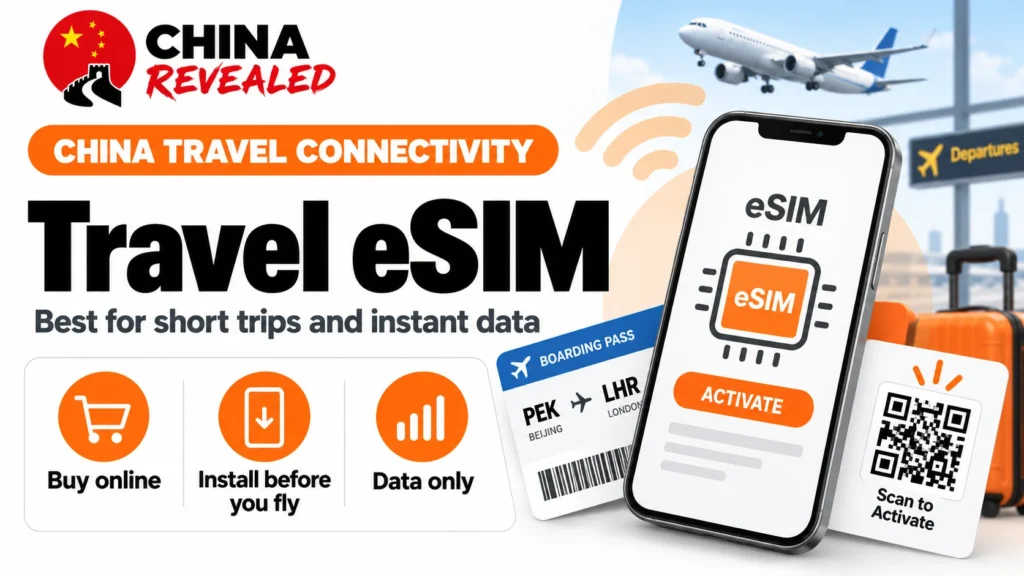 Travel eSIM for China showing smartphone activation, a QR code and a boarding pass for mobile data setup before flying.