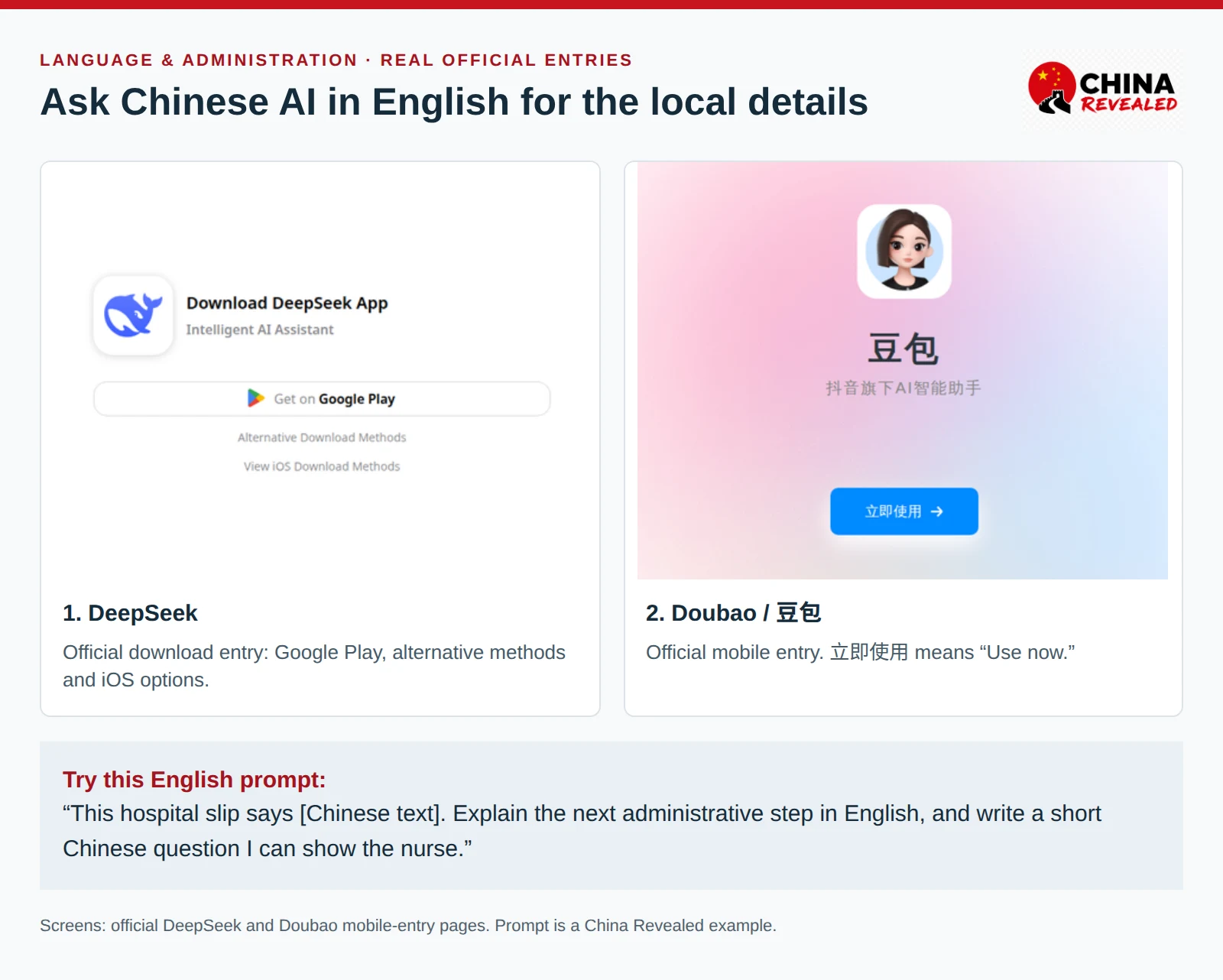 Real DeepSeek and Doubao official mobile-entry screens showing the DeepSeek download options and Doubao 立即使用 button, with an English prompt for explaining hospital paperwork and preparing a Chinese question.