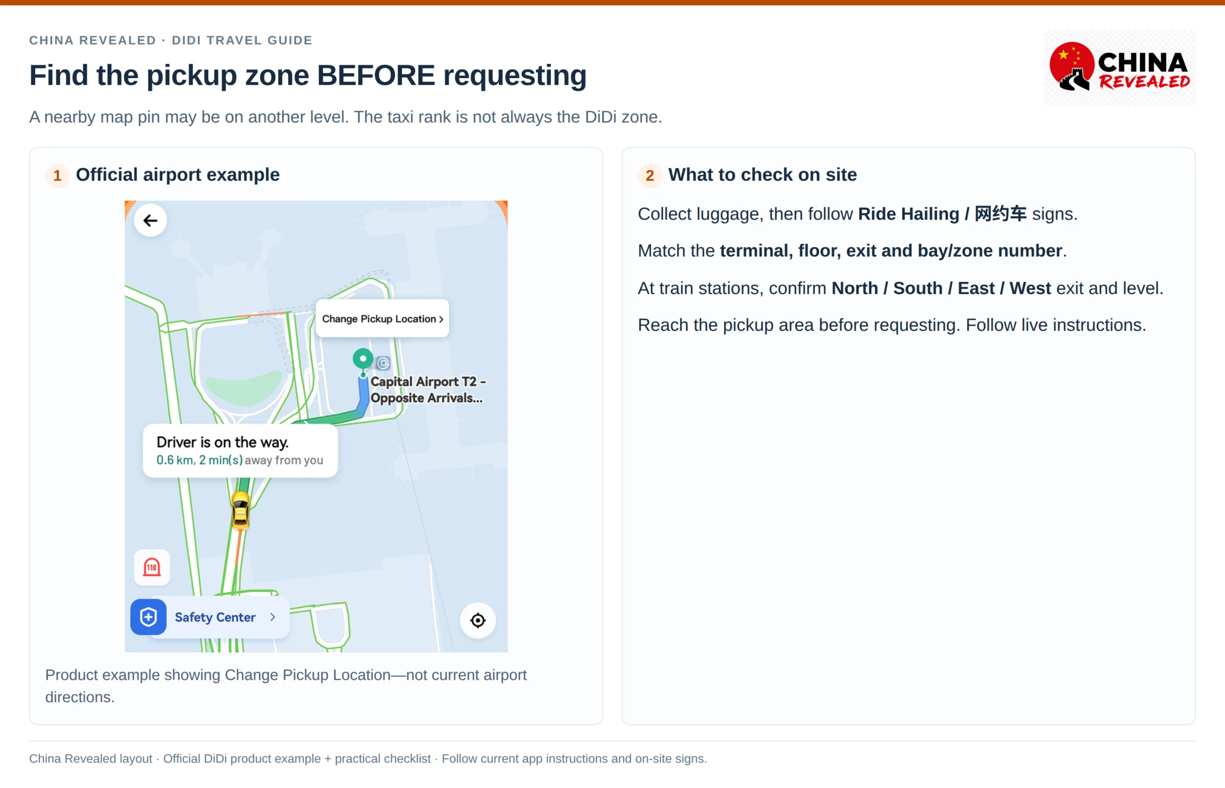DiDi airport pickup in China: official Capital Airport T2 pickup map with a terminal, exit and bay checklist