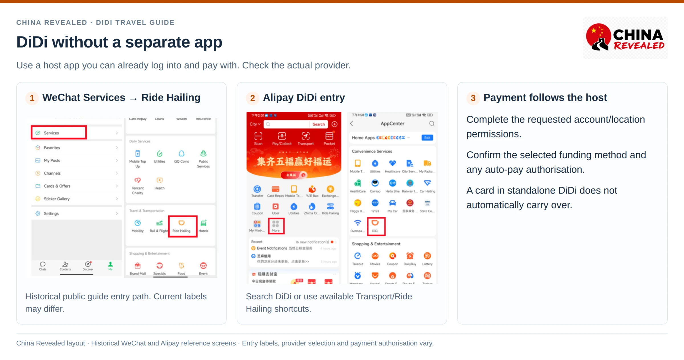 DiDi in Alipay and WeChat: the WeChat Services ride-hailing entry and Alipay DiDi mini-program shortcuts