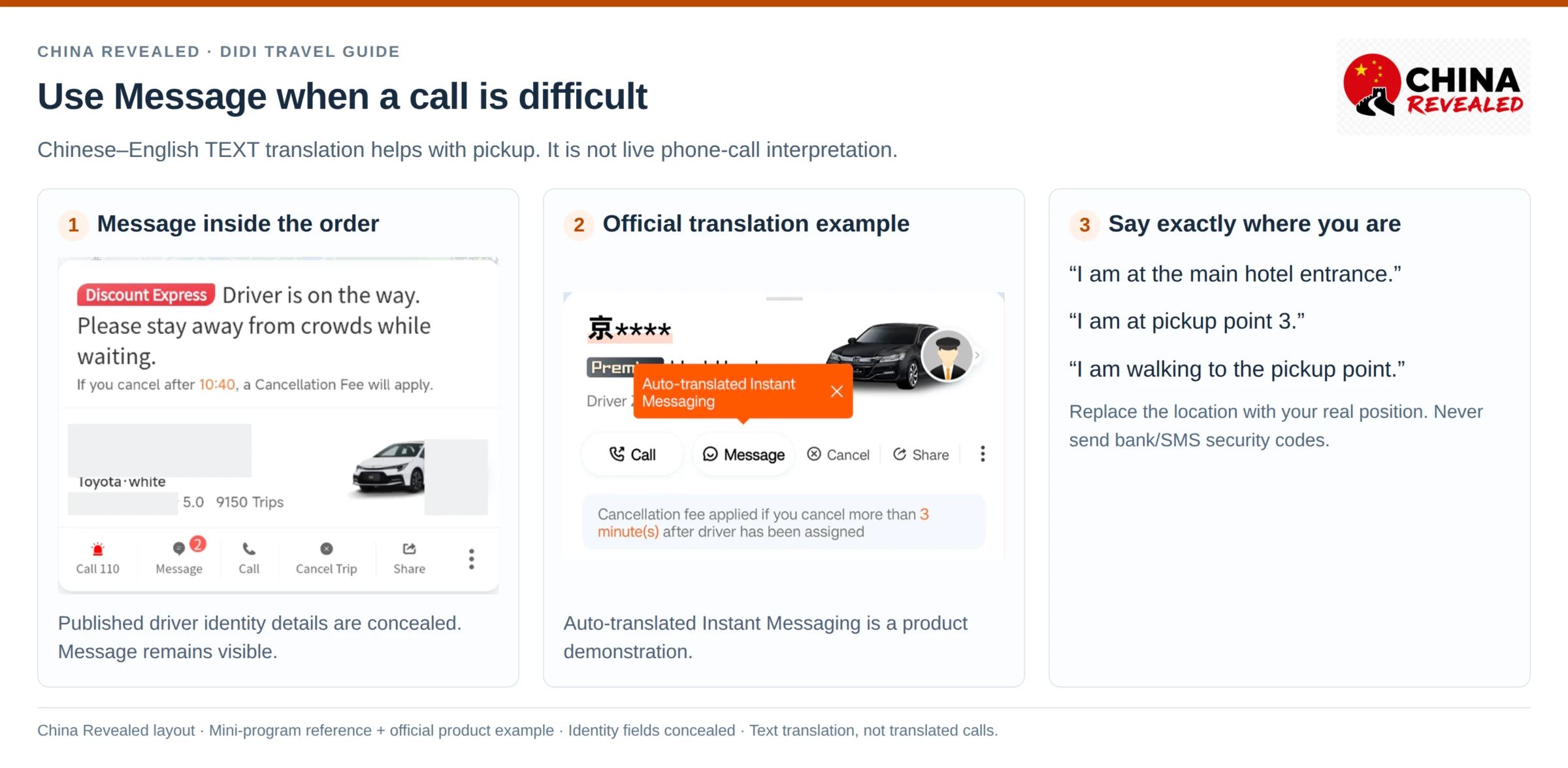 DiDi driver message translation: the in-order Message button and auto-translated chat with English phrases