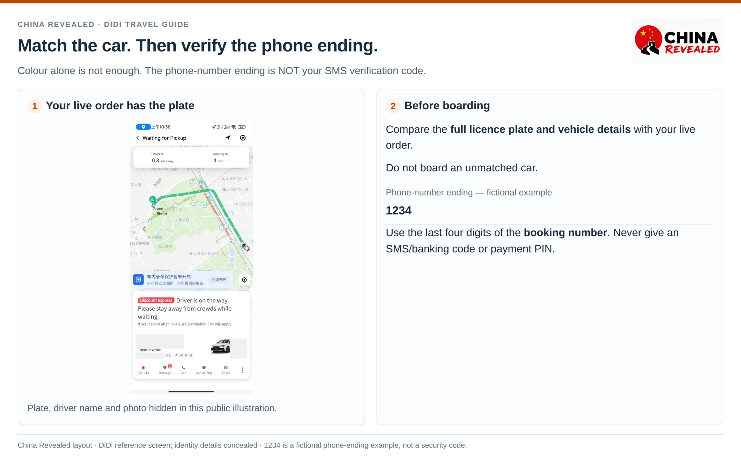 DiDi phone number last four digits: Waiting for Pickup screen and the car and plate checks before boarding