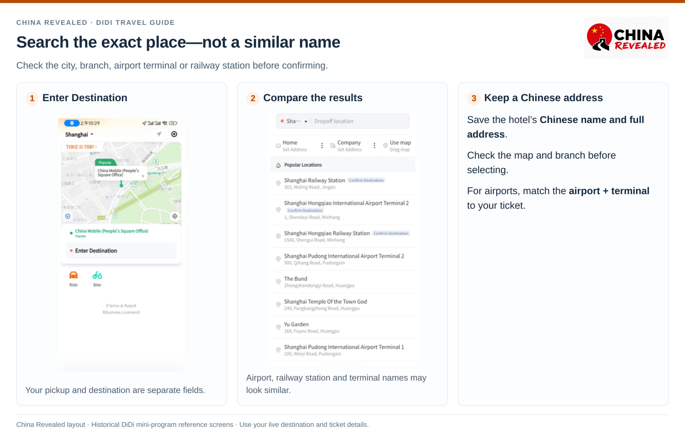 DiDi destination search in English: Shanghai results separating airports, terminals and railway stations