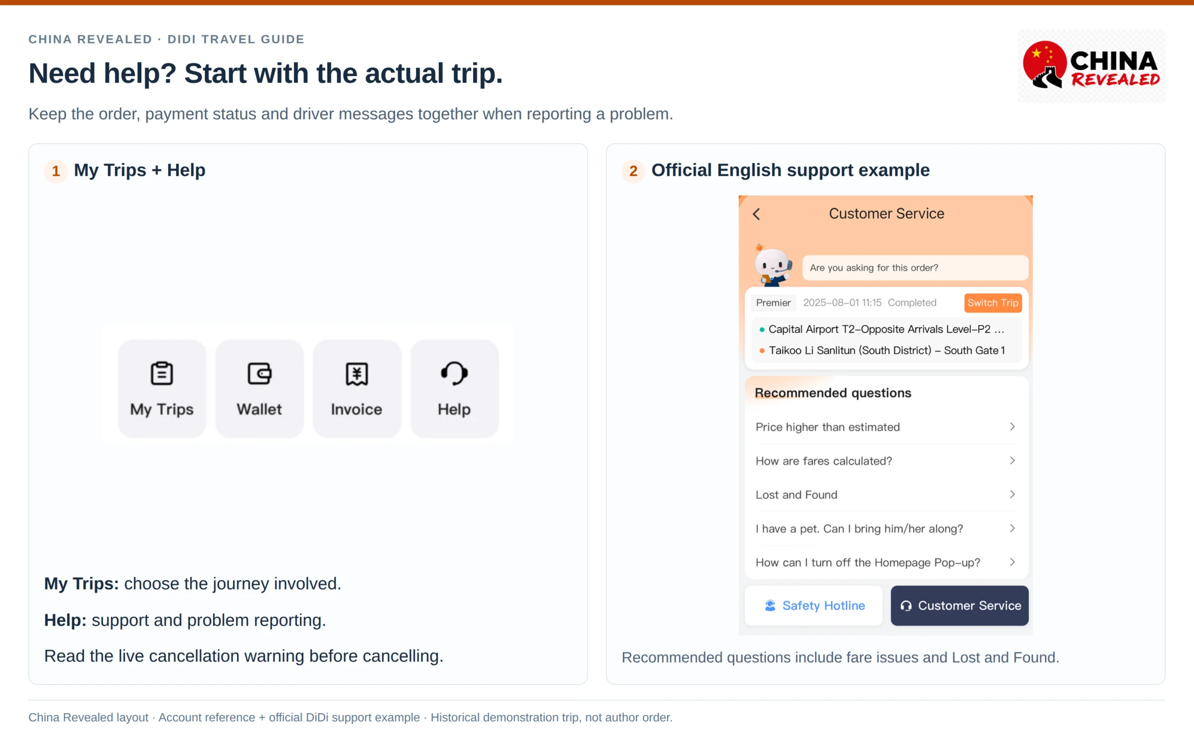 DiDi trip history and help: My Trips, Help and the English Customer Service page with Lost and Found