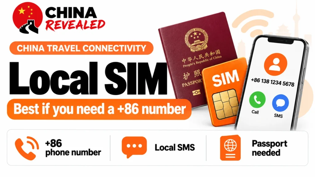 Local Chinese SIM card with a passport and smartphone showing a +86 phone number, calls and SMS for travelers.