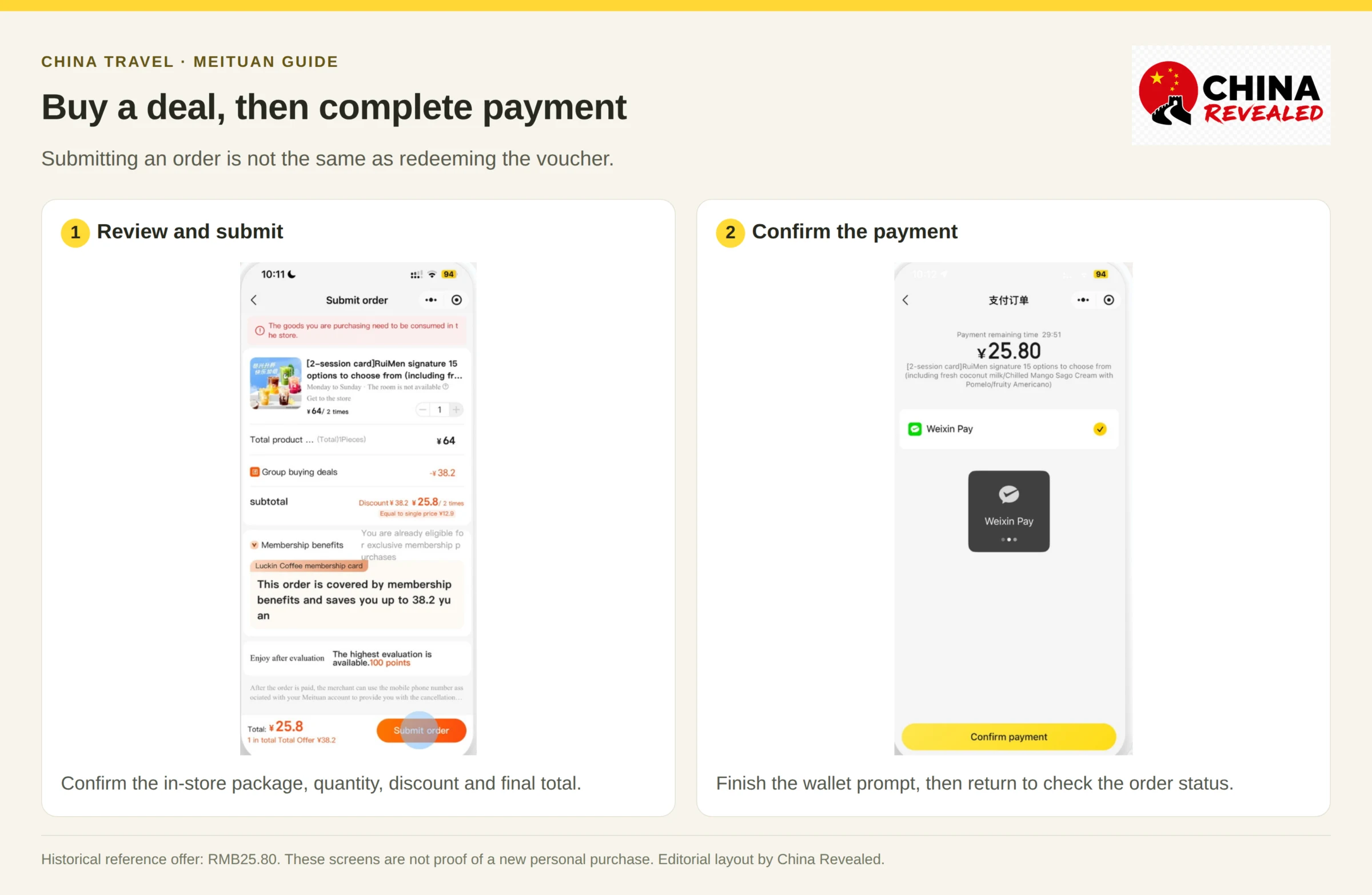 Buy a Meituan group-buy voucher: Submit order screen for a coffee package and the payment confirm