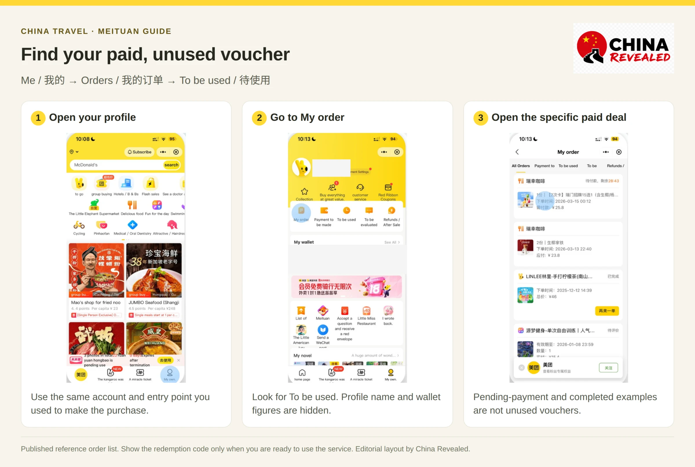 Redeem a Meituan voucher: profile entry, My order and To be used, and the order list by status