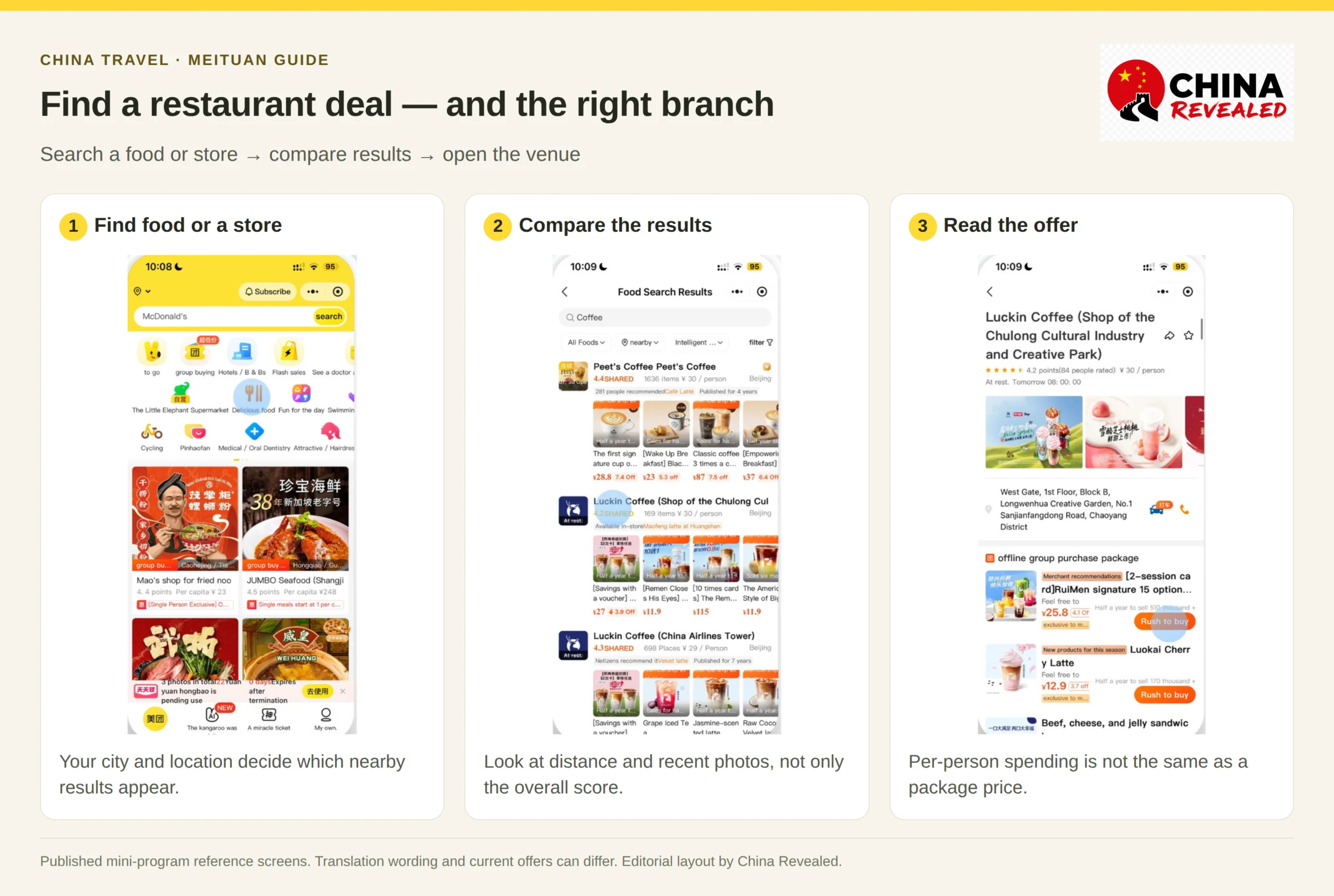 Find Meituan restaurant deals: food search, nearby café results and a store's group-buy packages