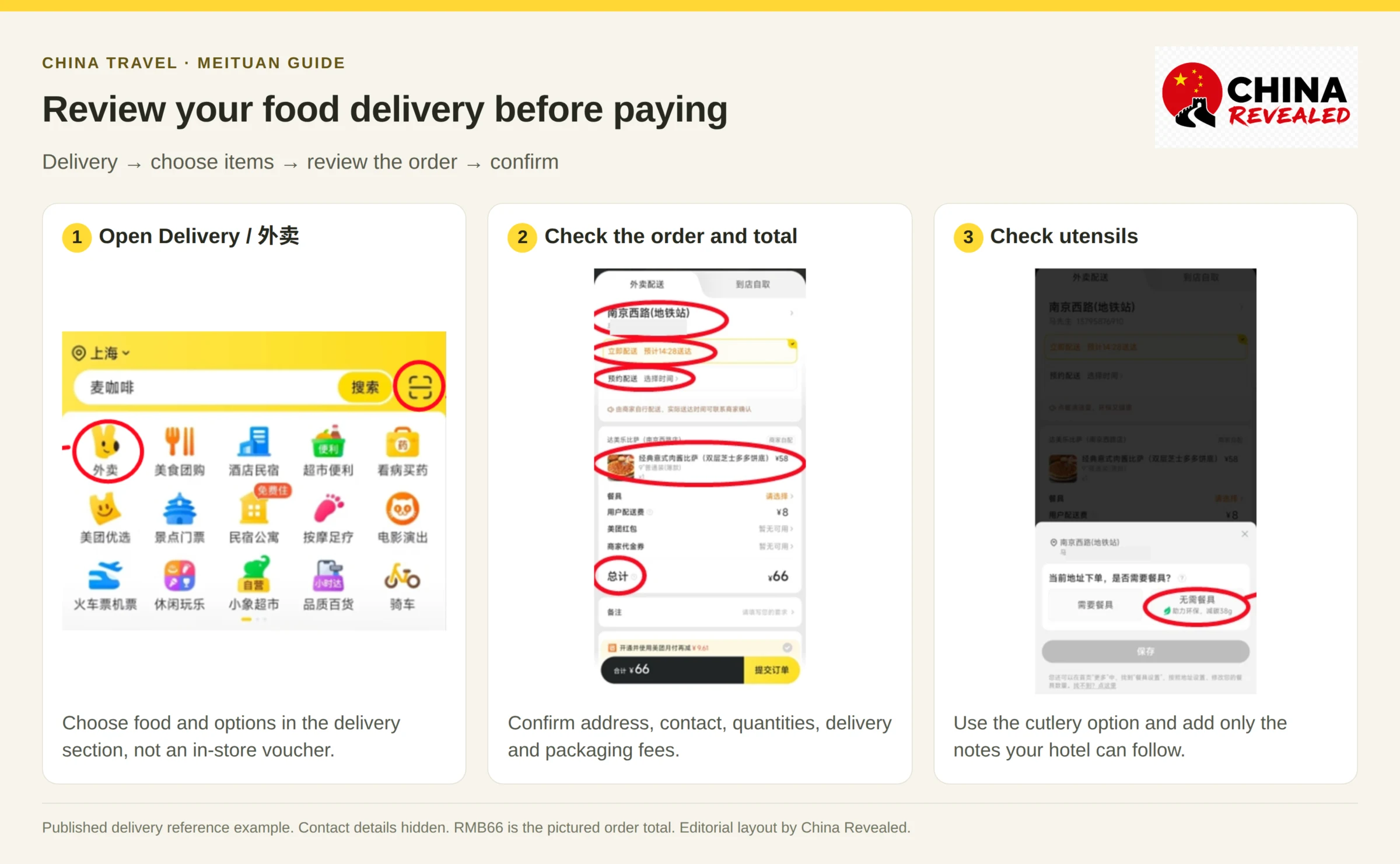 Order food delivery on Meituan: the Delivery entry, order review with fees and the utensils dialog