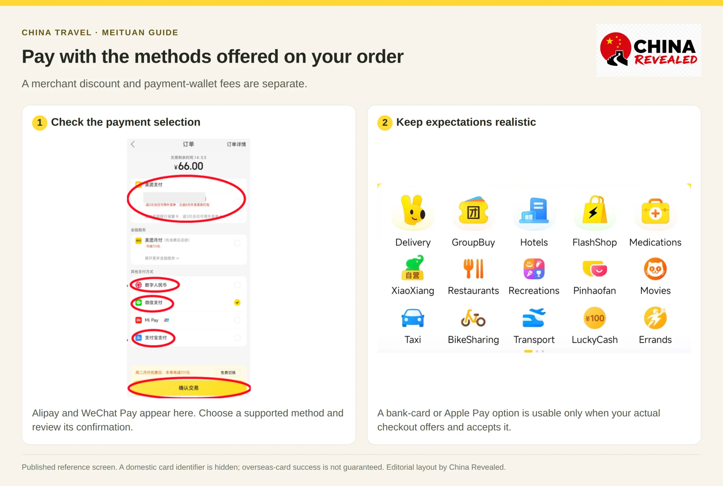 Pay on Meituan as a foreigner: checkout page with Alipay and WeChat Pay as payment options